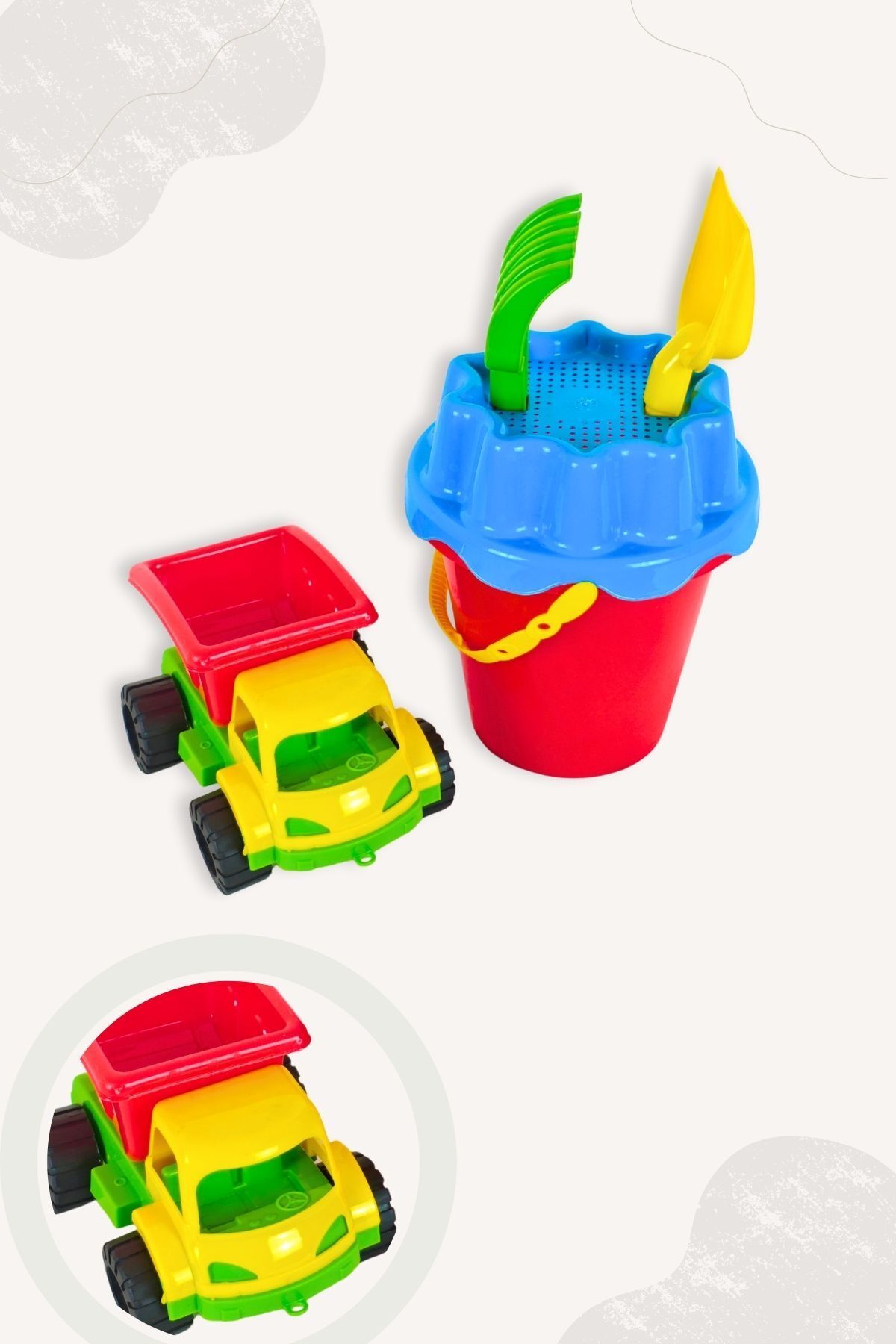 BubbyPlay Büyük Boy Yaz Plaj Kova Seti Kova, Kürek, Tırmık, Mini Kamyon Karışık Renkli