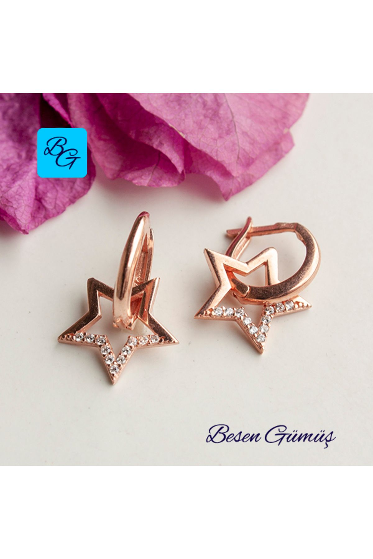Besen Gümüş Rose Zirkon Taşlı Yıldız Küpe