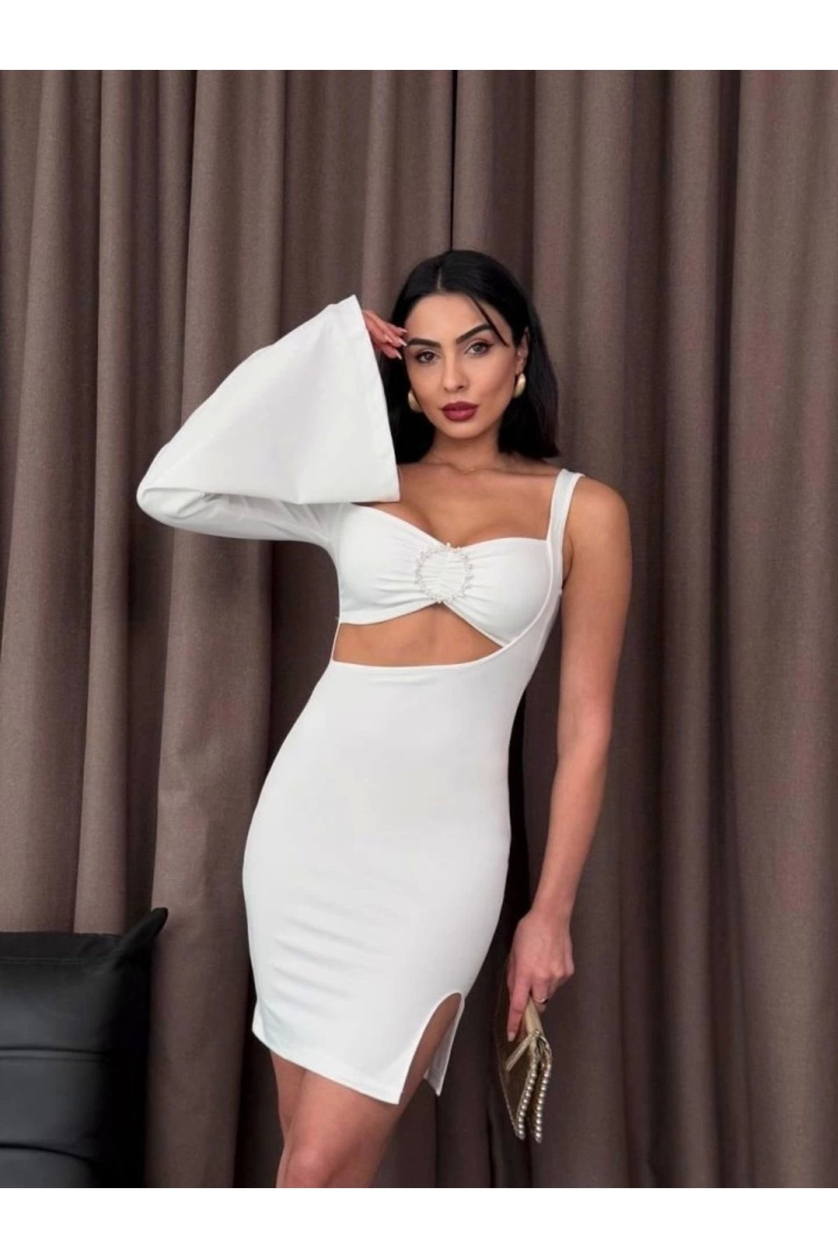 Butik Halka Detaylı Tek Kol Mini Elbise