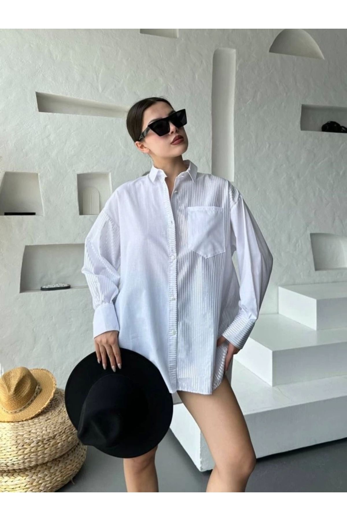 Butik Çizgili Oversize Gömlek