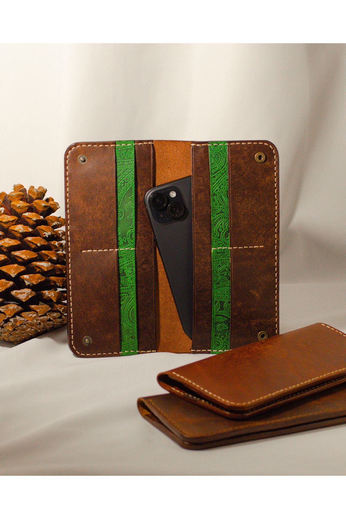 Glare Leather Goods Telefon Bölmeli Cüzdan - Hakiki Deri Cüzdan - Telefon Hazneli Uzun Cüzdan Koyu Kahve-Yeşil