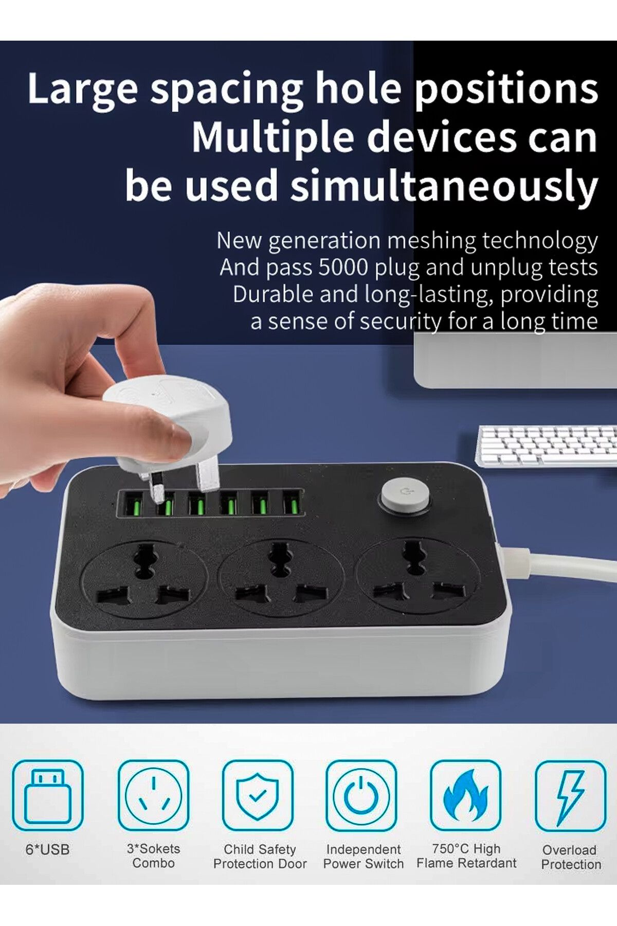 DBLEW-3 مقابس عالمية، شرائط طاقة، أسلاك تمديد، محول، 6 منافذ شحن USB، كابل بطول 2 متر 4