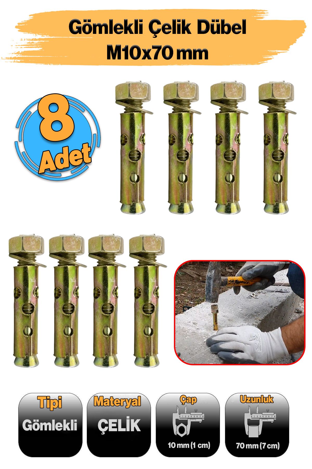 Badem10 ( 8 Adet ) Saplamalı Gömlek Çelik Dübel M10x70 mm Raf Montaj Bağlantı Zemin Monte Tavan Asma Aparat