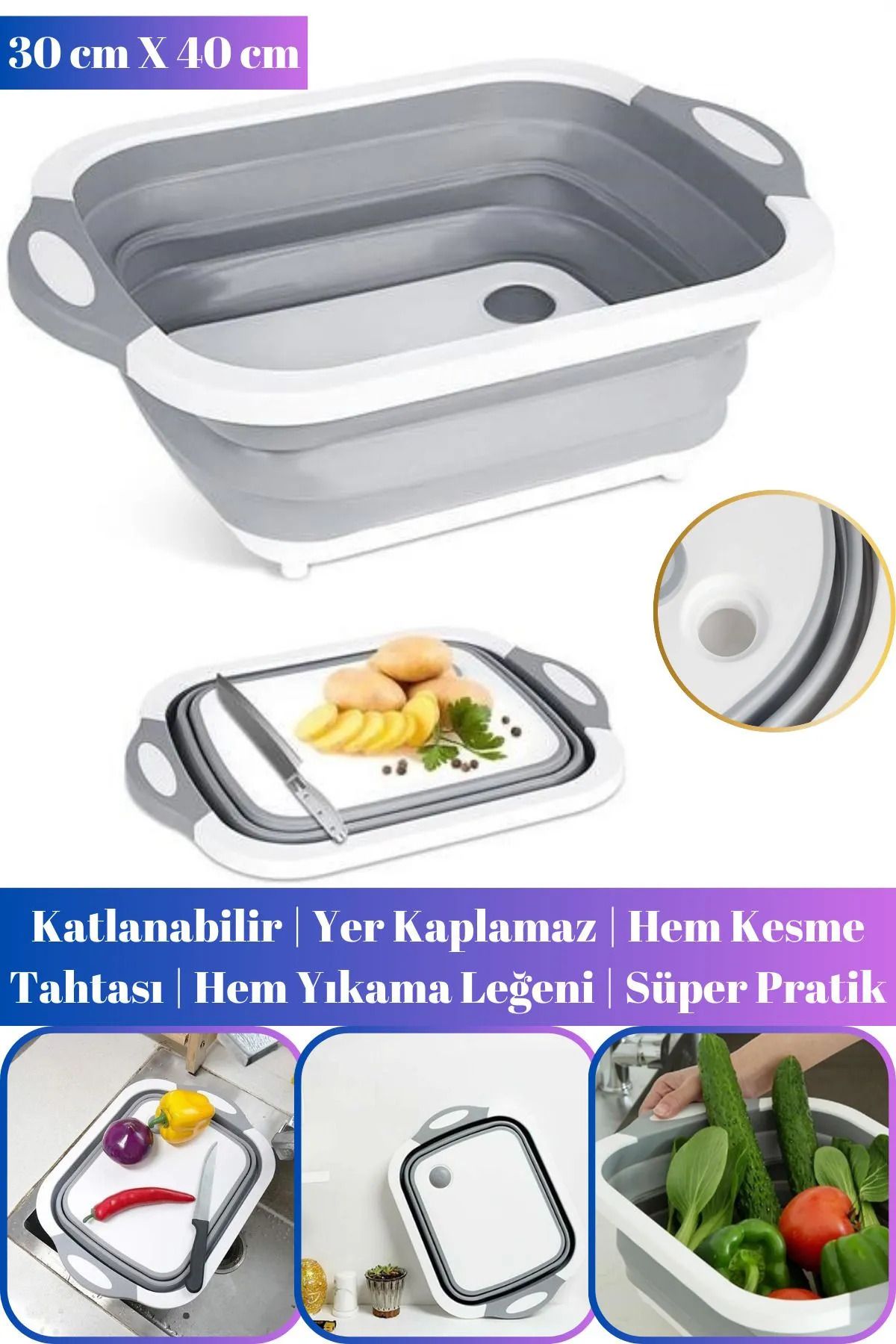 Vezir Aksesuar Az Yer Kaplar, Çok İş Yapar! Katlanabilir Doğrama Leğeni & Süzgeçli Tahta