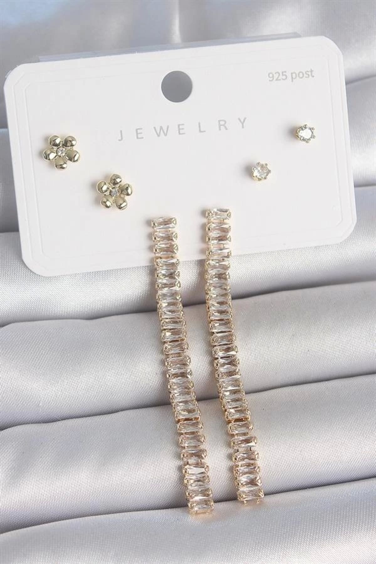 FASHIONLINE Pirinç Gold Renk Su Yolu Zirkon Taşlı Sallantı Model Çiçek Detay 925 Ayar Gümüş Çivi Kadın Küpe Seti