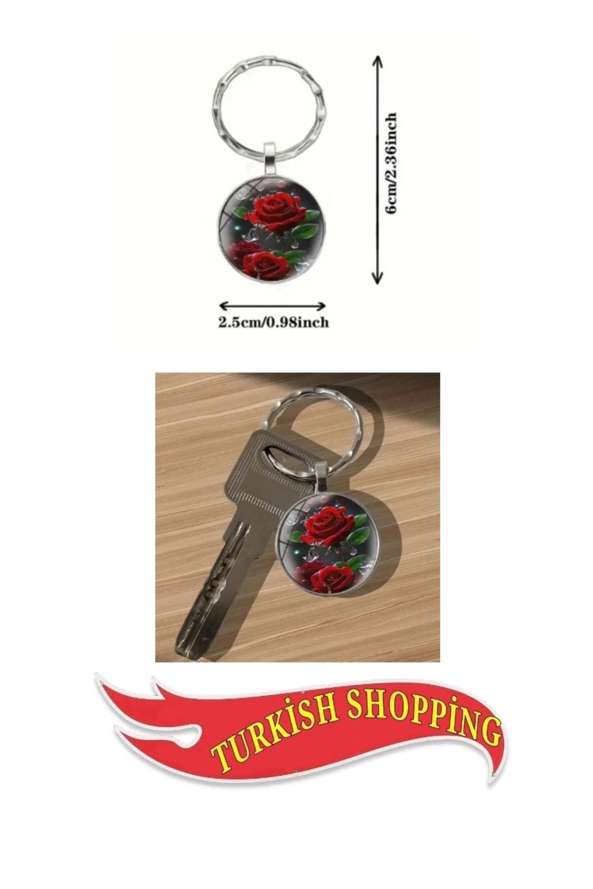 shop Kırmızı Gül Desenli Sentetik Taşlı Metal Cam Yuvarlak Anahtarlık