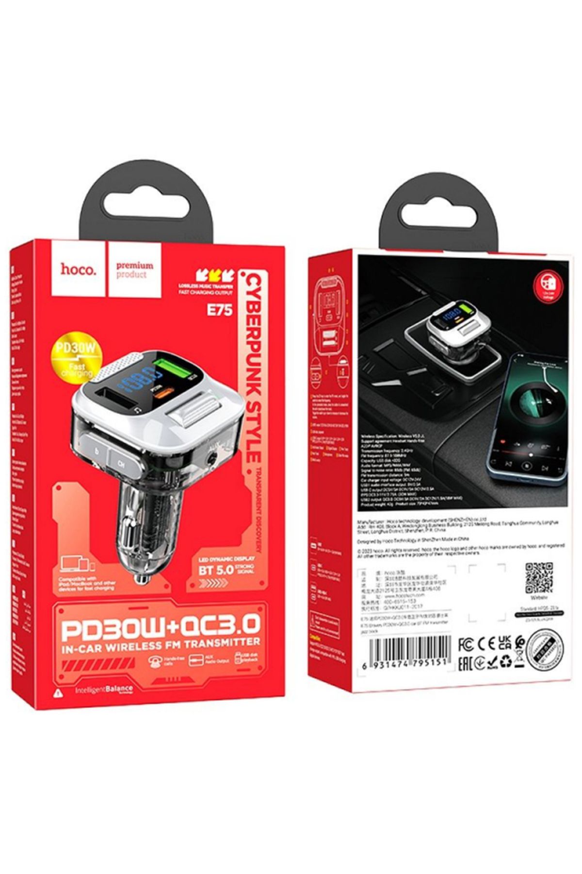 REDz Accessories-Încărcător auto cu modulator FM, Bluetooth, 2 x USB și 1 x tip C, Hoco E75, negru 3