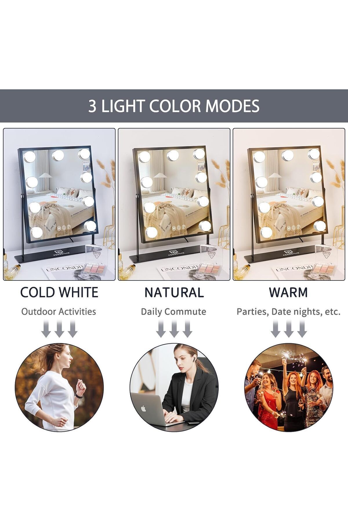 Saharaz-MakeUp Mirror,with 3 Color Light Conversion,10X Magnification,9 LED Lights,for Home Use 2