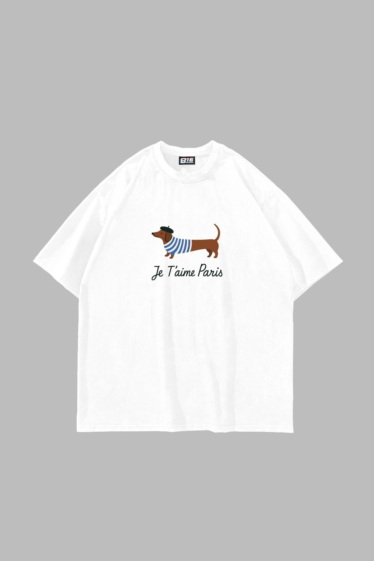 Sekizbiraltı Je T'aime Paris Baskılı Oversize Unisex Beyaz Tshirt
