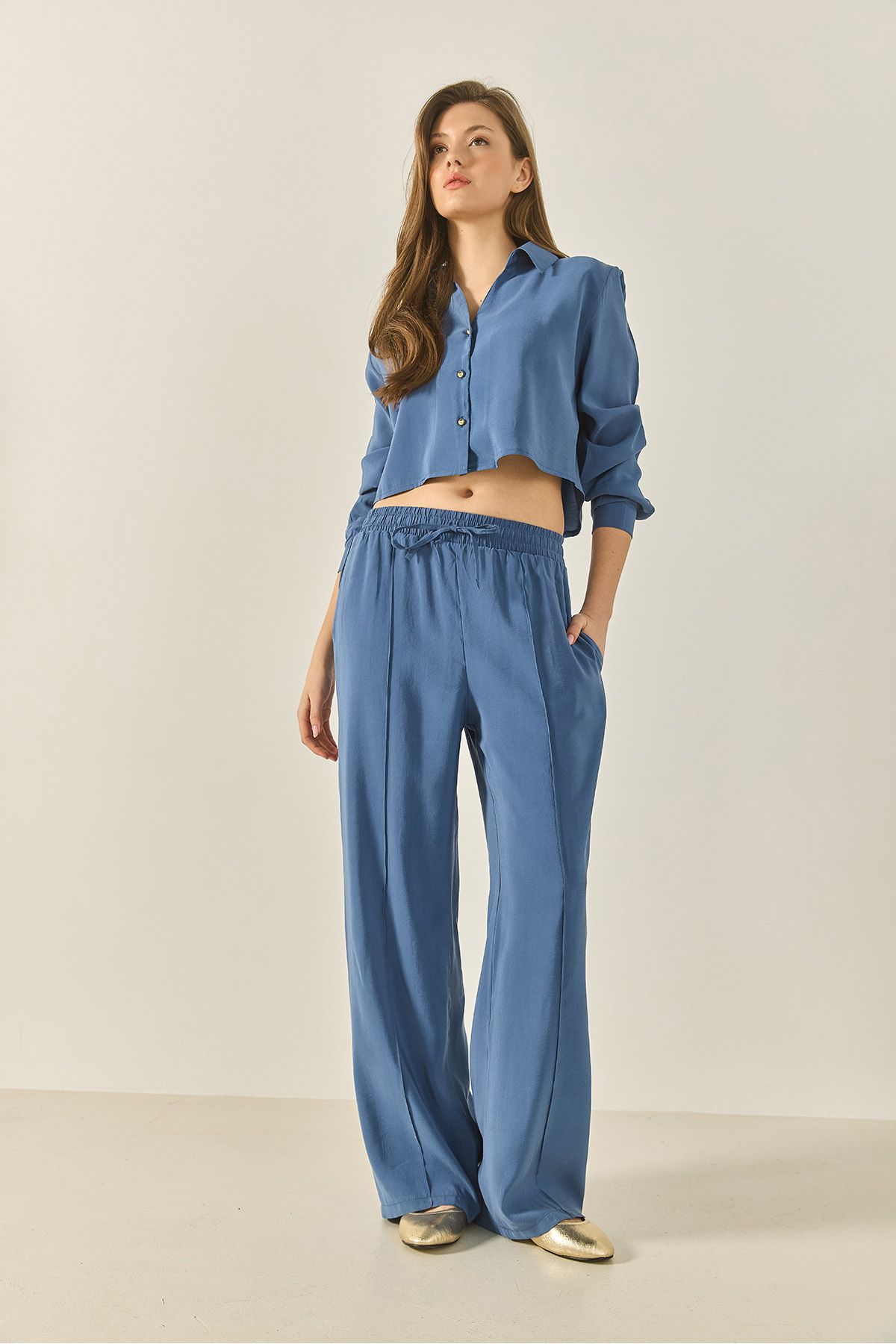 Bianco Lucci-Women's V-Neck Shirt with Loose Pants Loose Modal Bottom-Top Suit 60409 60283255 2