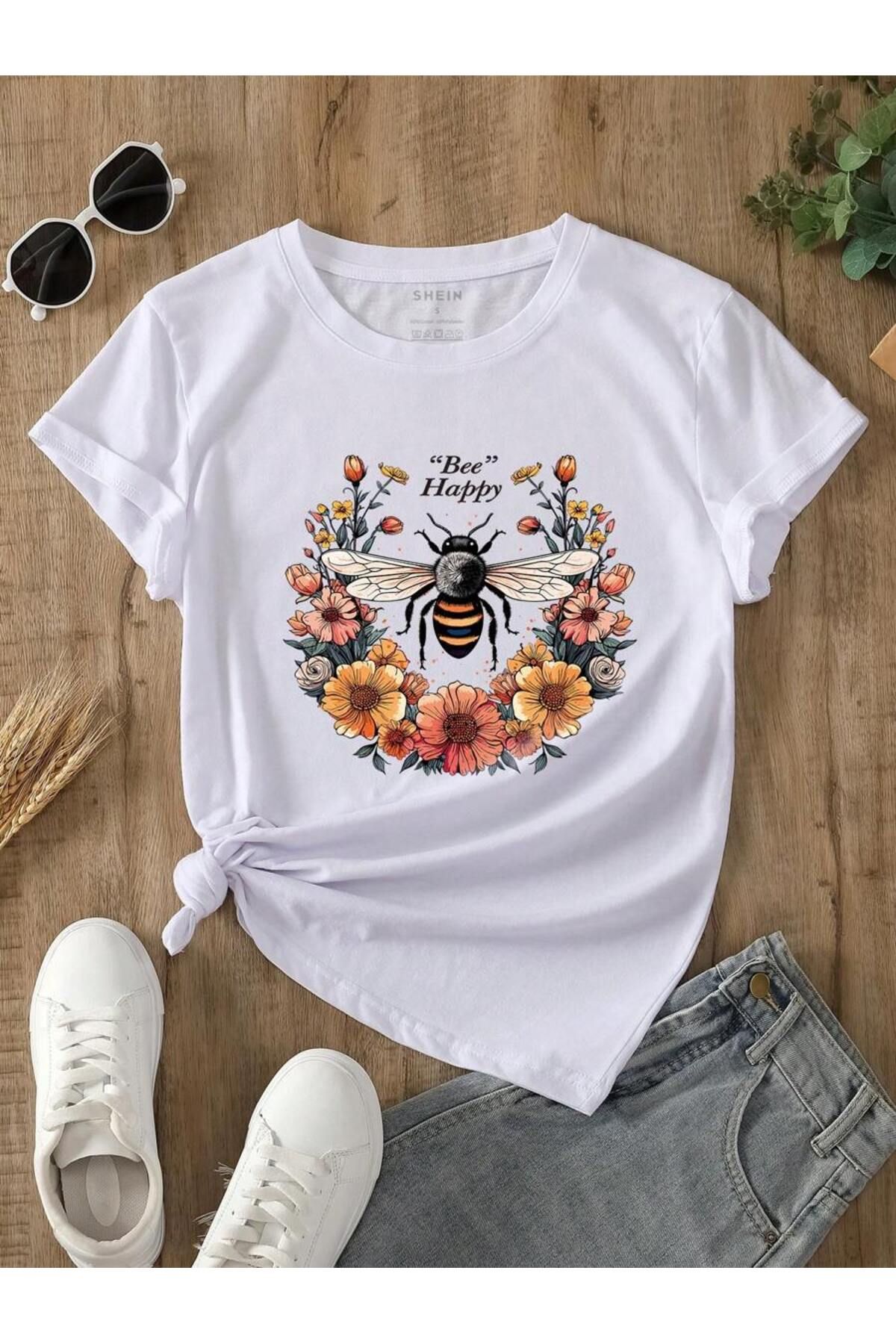 aynewmoda Kadın kısa kollu yuvarlak yakalı çiçek desenli tişört