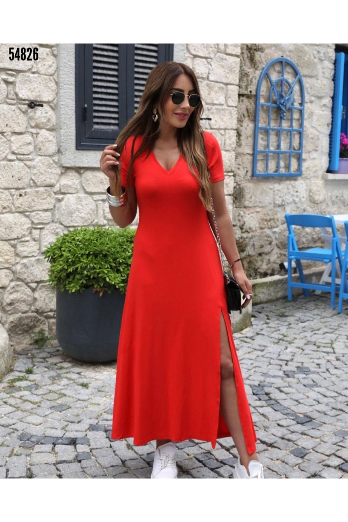 Modayakamoz Kadın Yazlık Elbise Kısa Kollu V Yaka Maxi Boy 124 Cm