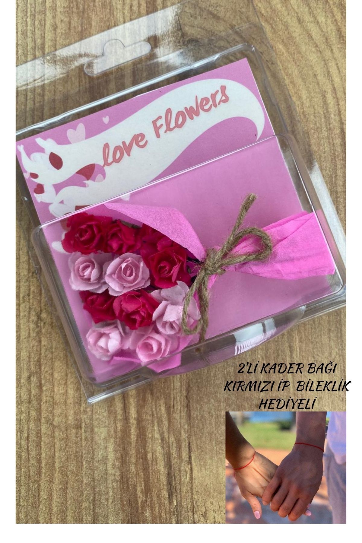 VANİSCE Love Flowers Pembe Tasarım Çiçek Buketi, Sevgili, Arkadaş 2'li Bileklik Seti