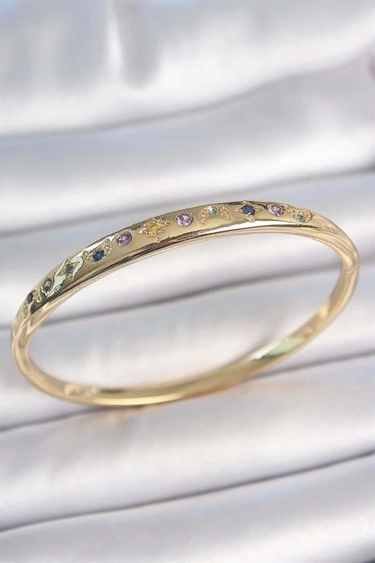 FASHIONLINE Pirinç Gold Renk Renkli Zirkon Taşlı Hilal Yıldız İşlemeli Kadın Kelepçe