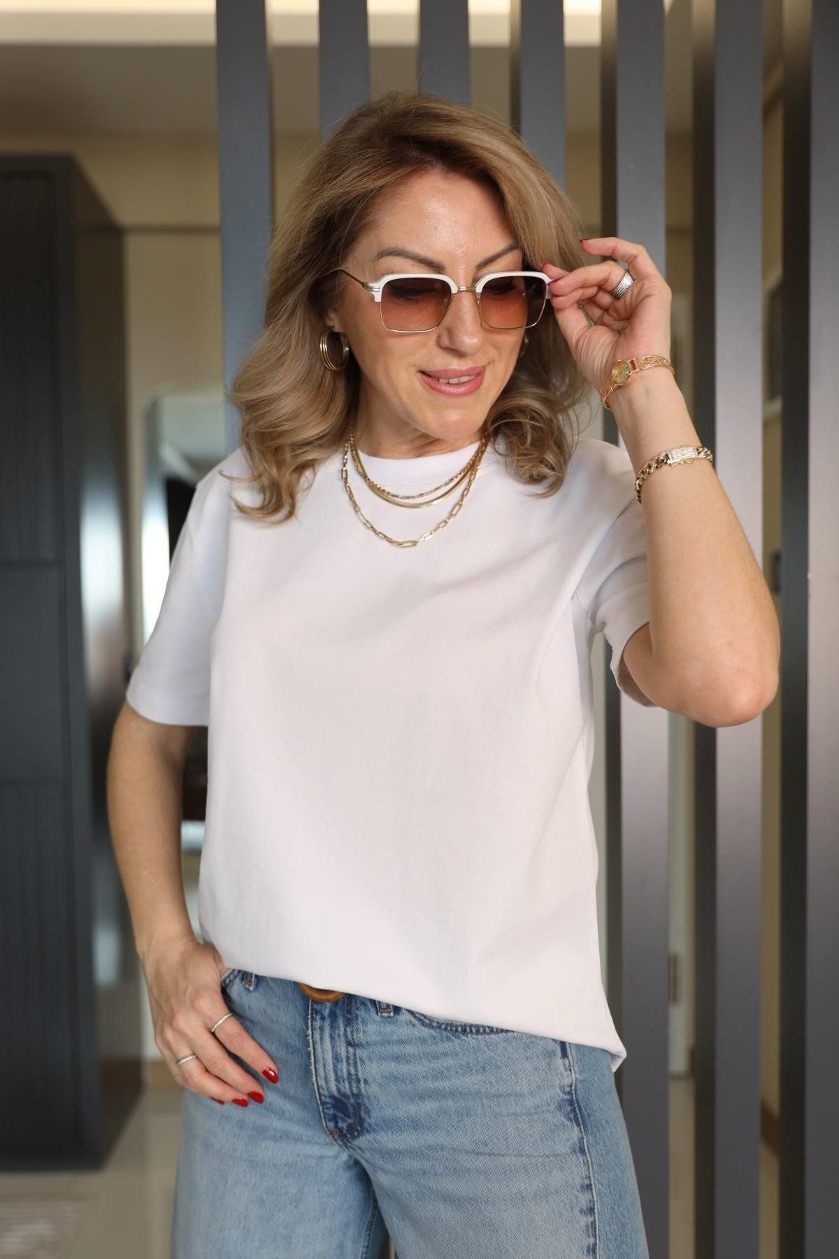 MİSLİNA BUTİK Bisiklet Yaka Beyaz T-shirt
