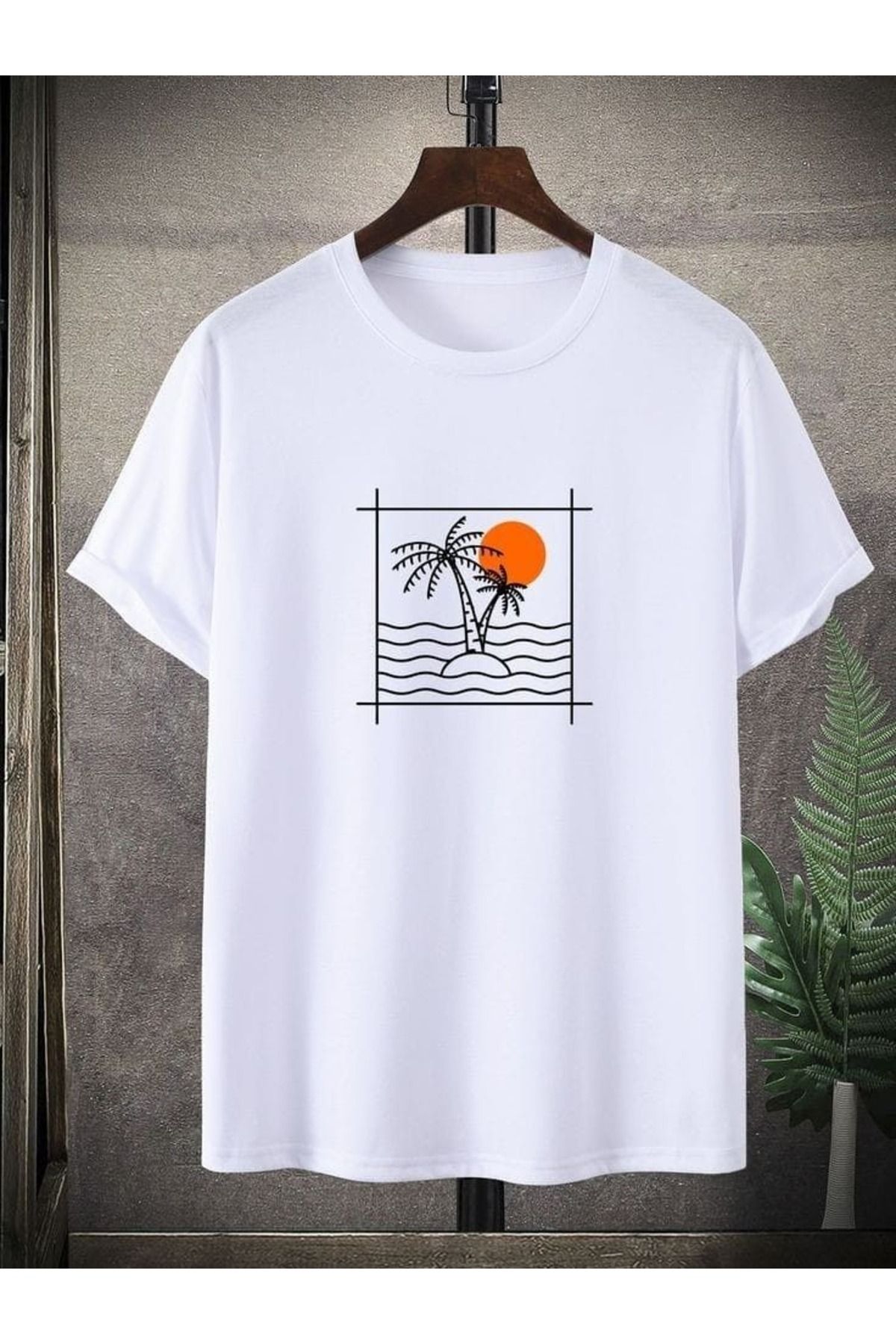 aynewmoda Erkek Ağaç ve Gün Batımı Grafik Tişört