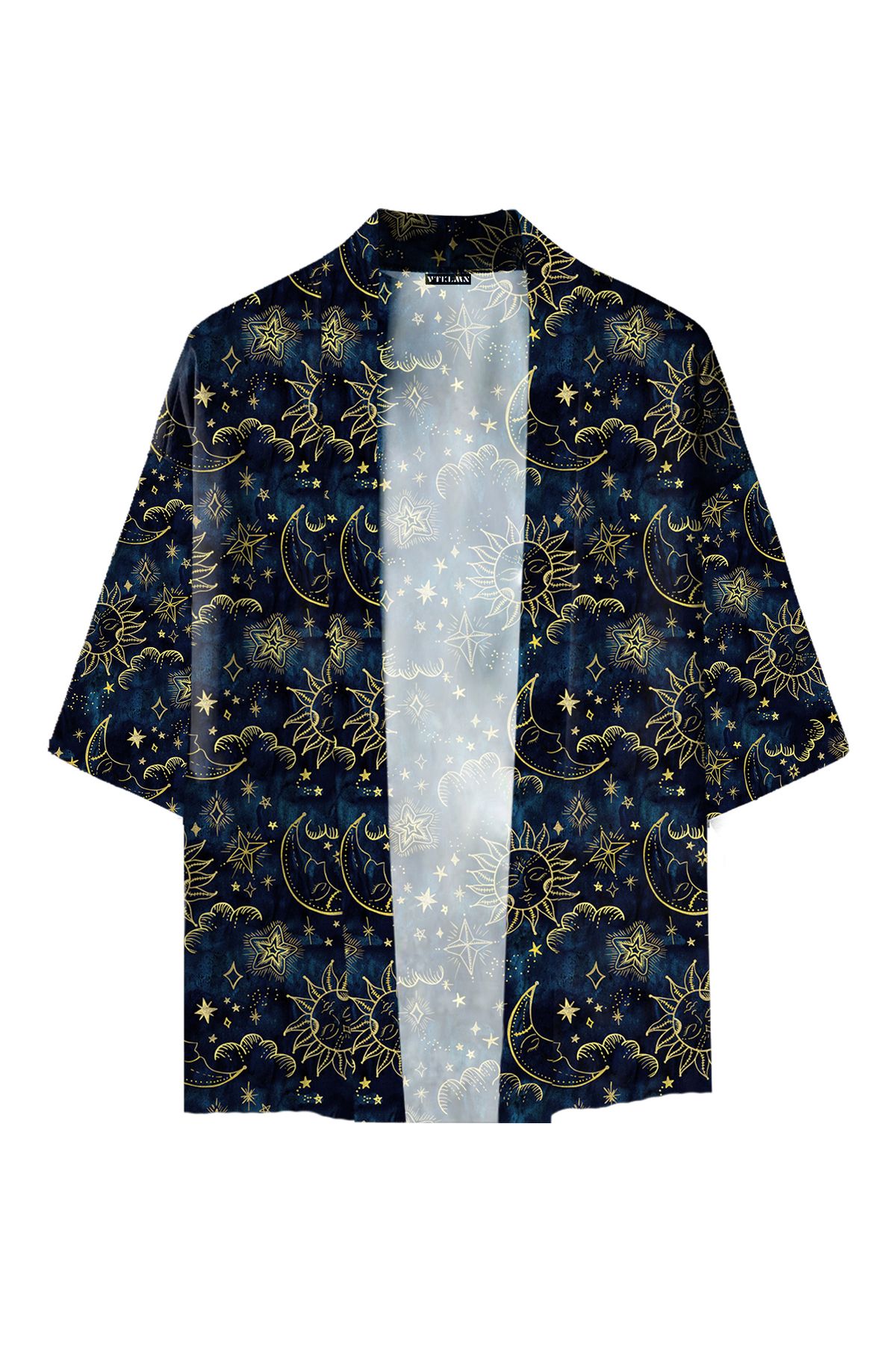 Vatkalimon Kadın Erkek Lacivert Desenli %100 Pamuk Viskon Kimono