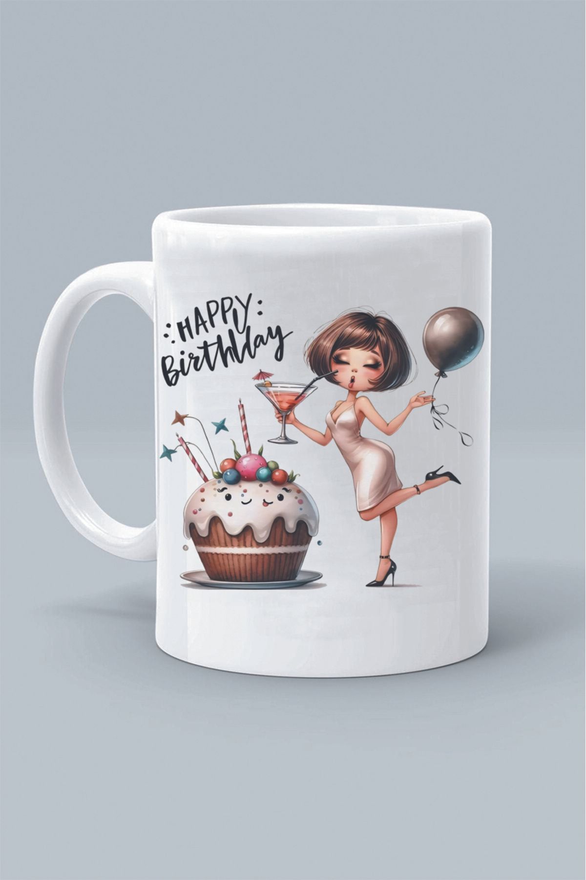 Olympus plus HAPPY BIRTHDAY MUTLU YILLAR DOĞUM GÜNÜ PASTA TASARIM BASKILI BEYAZ KLASİK KUPA BARDAK