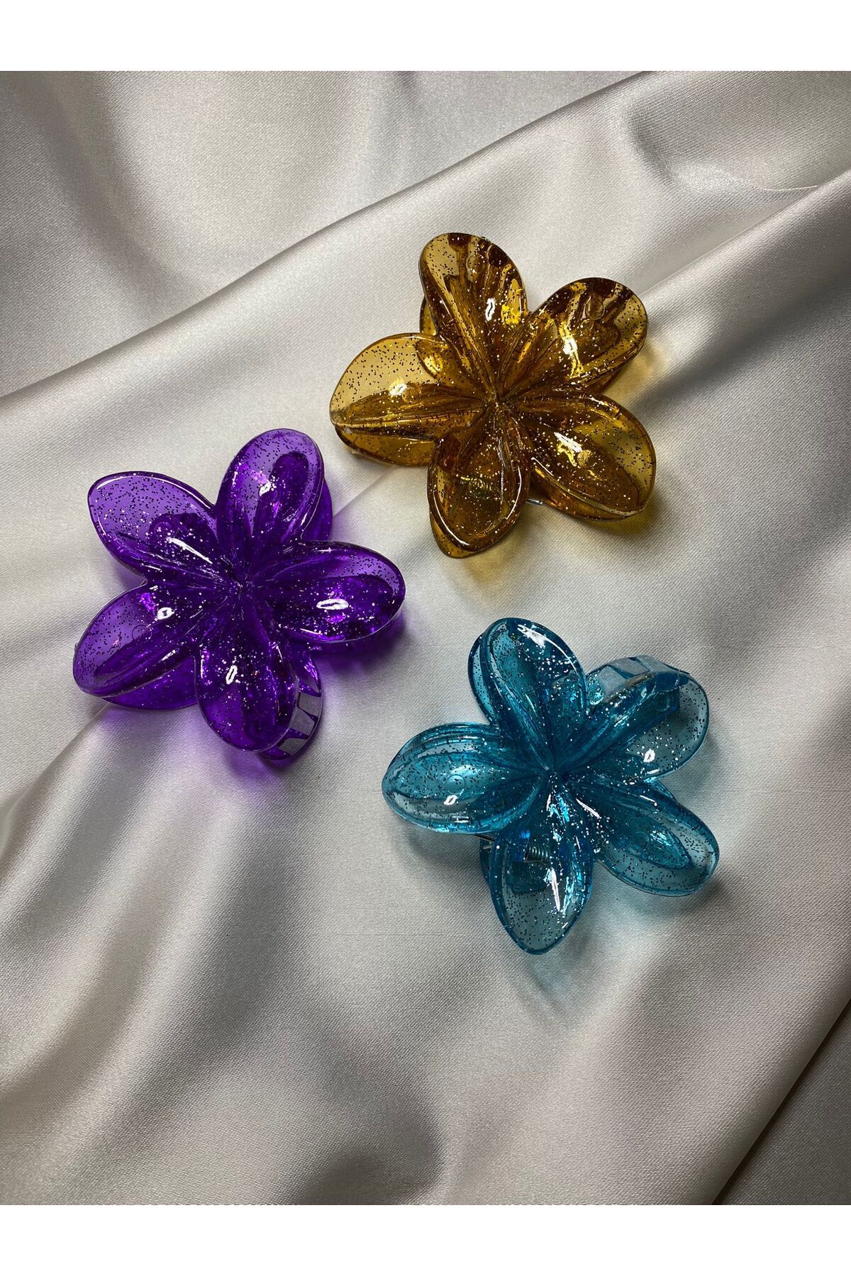 jemilas Şeffaf Şeffaf Üçlü Simli Lotus Mandal Toka Seti Mor, Mavi, Sarı
