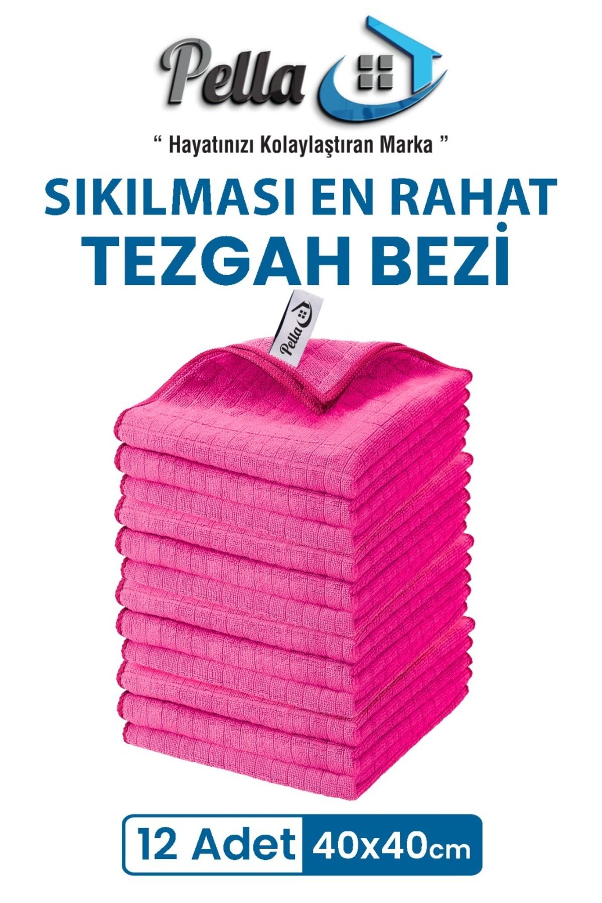 pella 12'li Mikrofiber Araba, Cam, Mutfak Temizlik Bezi, Pembe (40 CM X 40 CM)