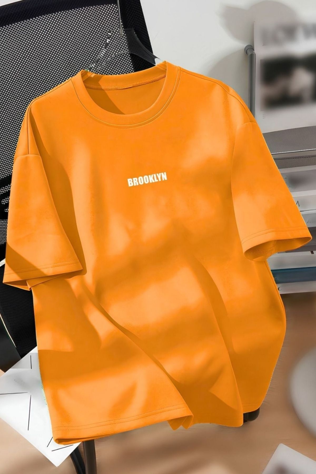 Trendseninle Unisex Erkek/Kadın Turuncu BROOKLYN Renkli Özel Baskı Oversize Pamuklu Bisiklet Yaka T-Shirt Tişört