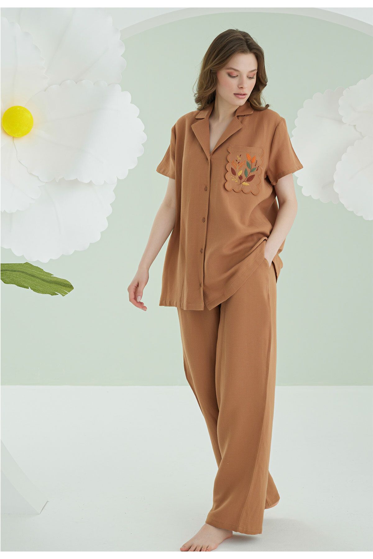 NBB Nakışlı Müslin Önden Düğmeli Pijama Takım