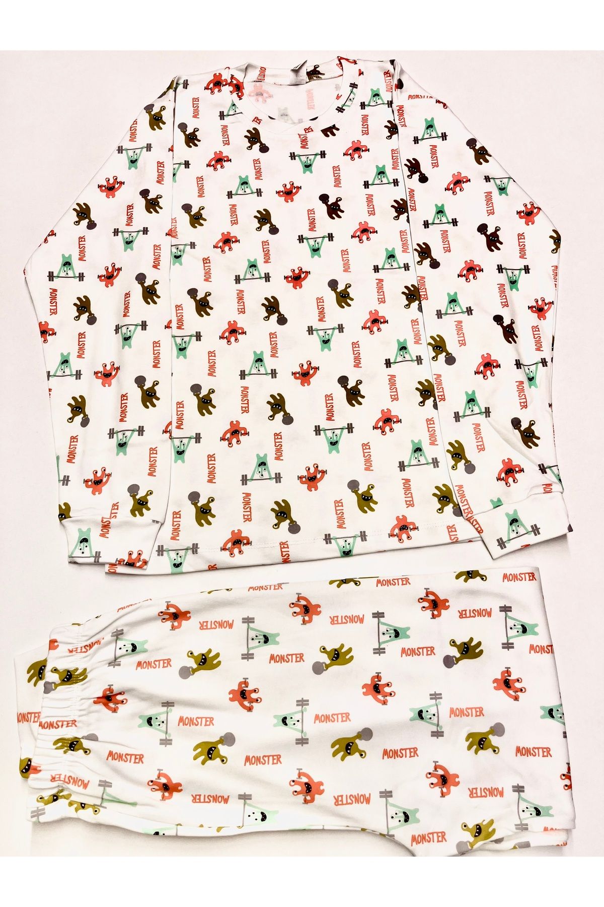 JUNİOR TİAMO Renkli Desenli Pamuklu Çocuk Pijama Takımı (2 Parça) – Dinozor & Canavar Temalı