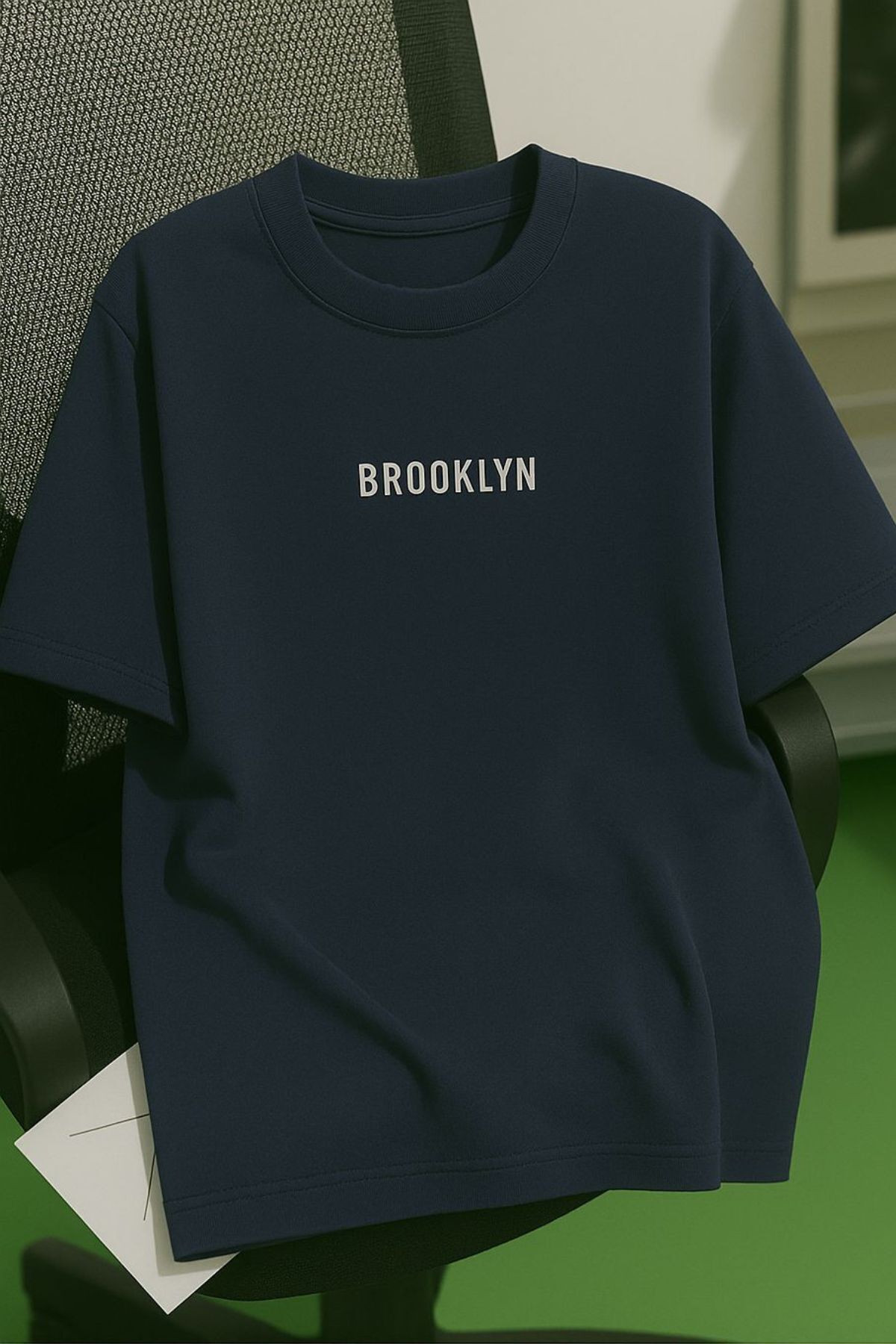 Trendseninle Unisex Erkek/Kadın Lacivert BROOKLYN Renkli Özel Baskı Oversize Pamuklu Bisiklet Yaka T-Shirt Tişört