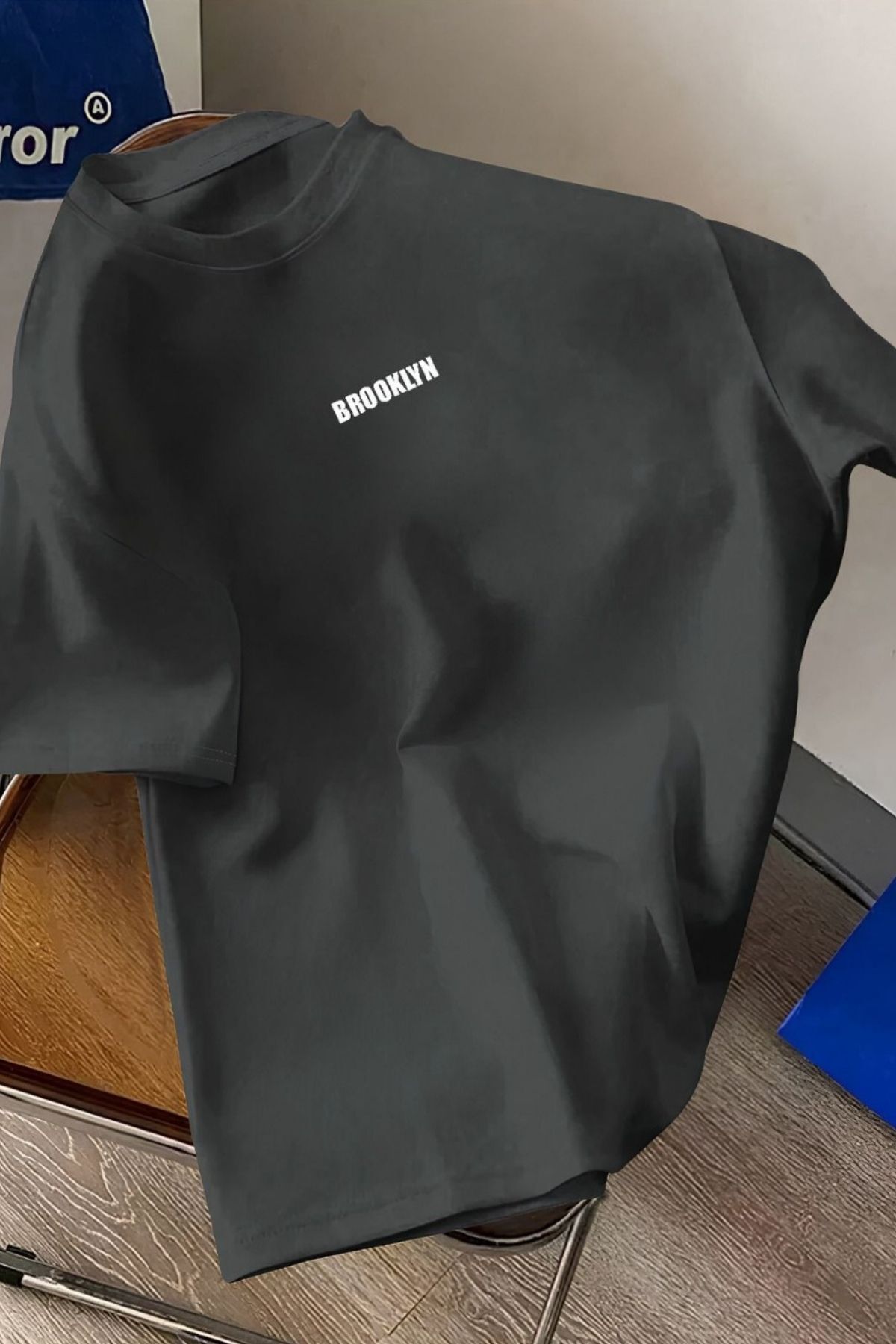 Trendseninle Unisex Erkek/Kadın Füme BROOKLYN Renkli Özel Baskı Oversize Pamuklu Bisiklet Yaka T-Shirt Tişört