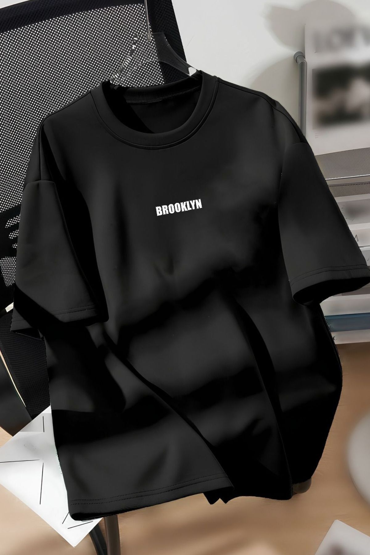 Trendseninle Unisex Erkek/Kadın Siyah BROOKLYN Renkli Özel Baskılı Oversize Pamuklu Bisiklet Yaka T-Shirt Tişört