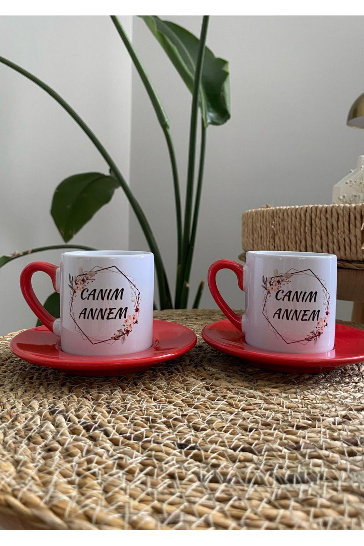 designard Canım Annem Kırmızı Porselen Türk Kahve Fincanı 2'li