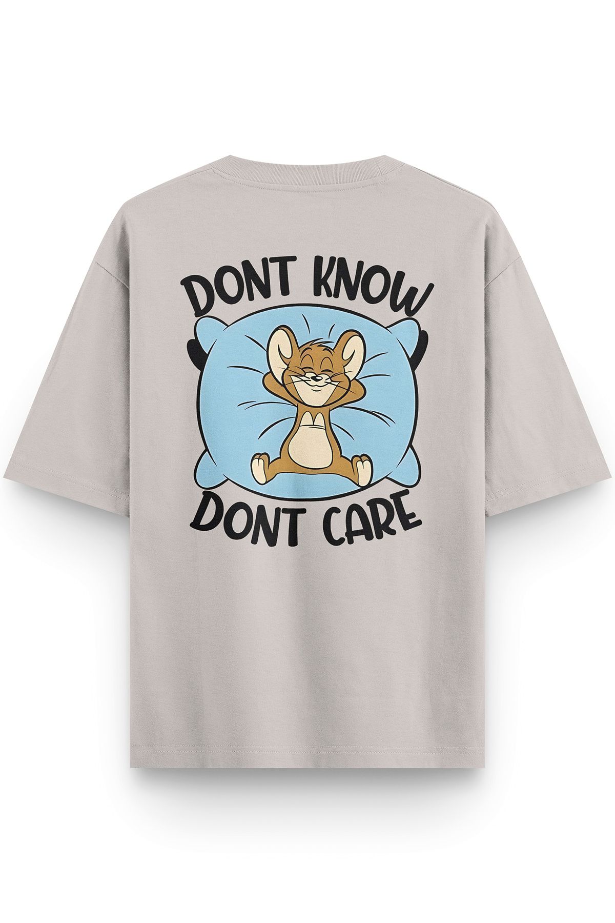 Overoz Taş Rengi Yarı Oversize Tshirt Tom And Jerry Baskılı Oversize Yazılı Unisex Tişört 1381-Taş