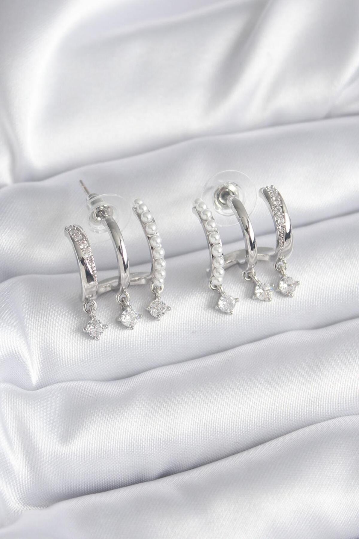 Skygo-Brass Silver Color Zircon Stone Detail Women's Earrings with Pearls - Tj-Bkp9748 2