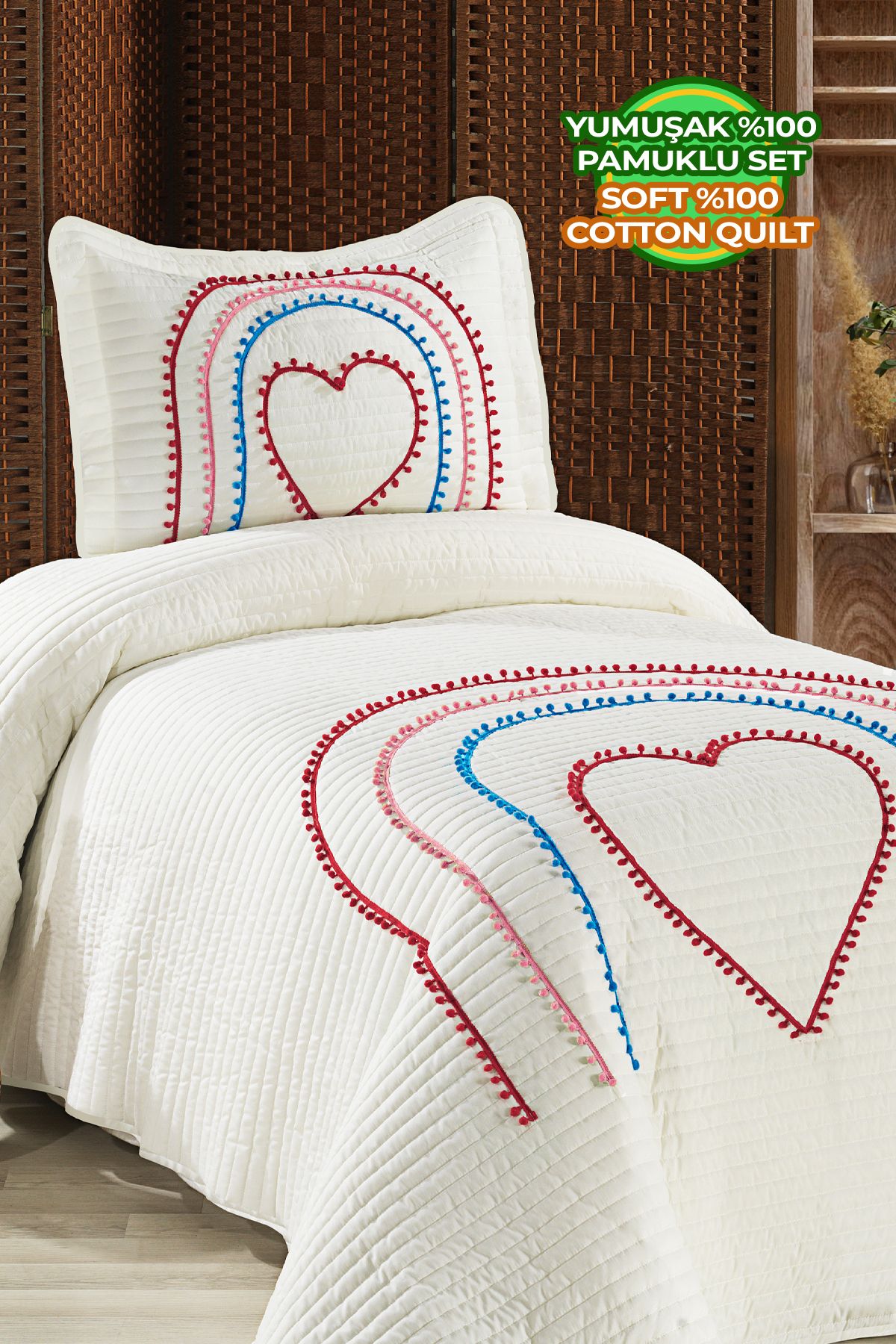 Evlen Home Collection Cuvertură De Pat Unică Cu Pompon Colorat - 100% Bumbac, Umplută Cu Fibre, Set De Inimă (pică) - One Size