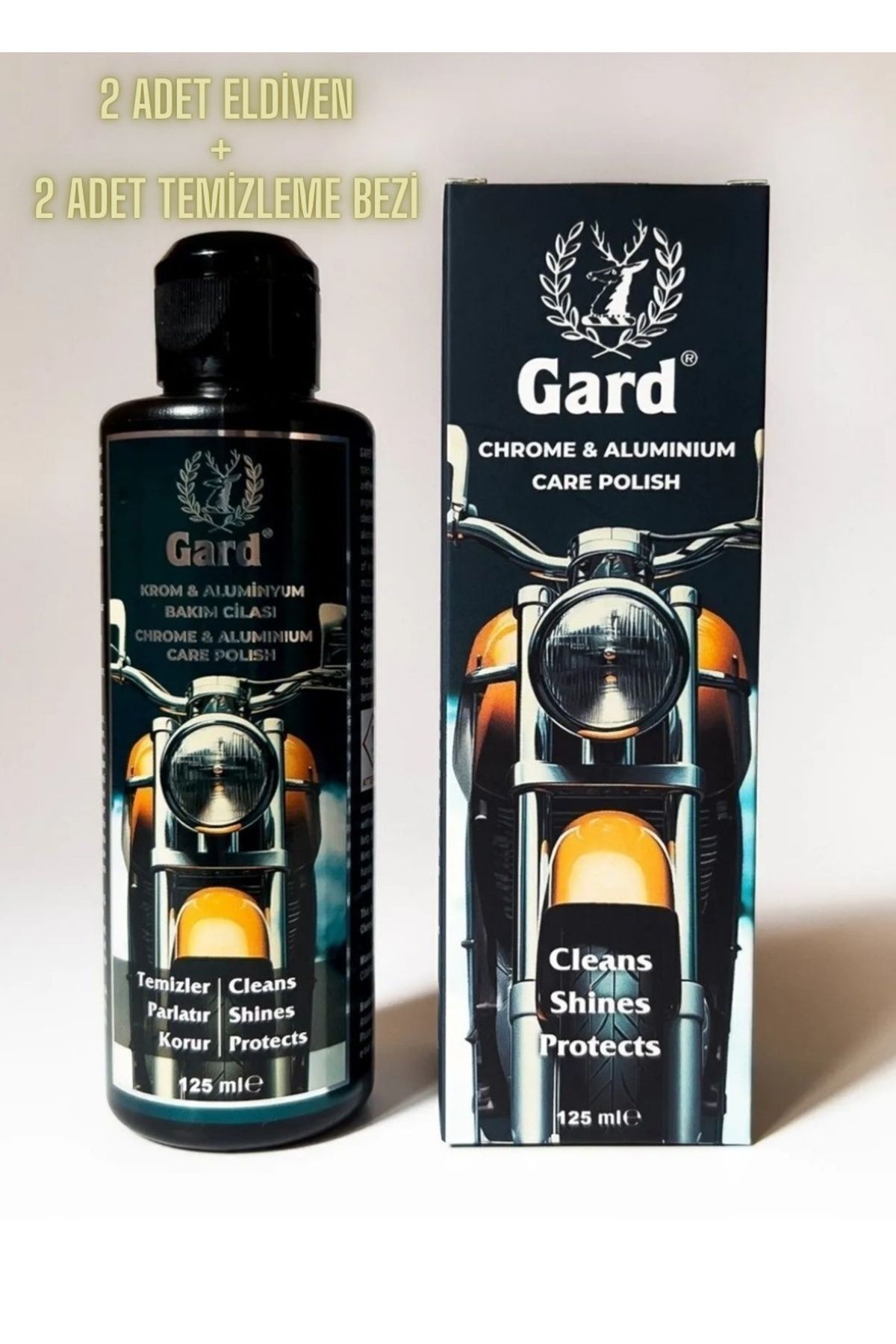 Gard MOTORSİKLET KROM & ALÜMİNYUM BAKIM CİLASI 125 ml + 2Adet Eldiven +2 Adet Parlatma Bezi