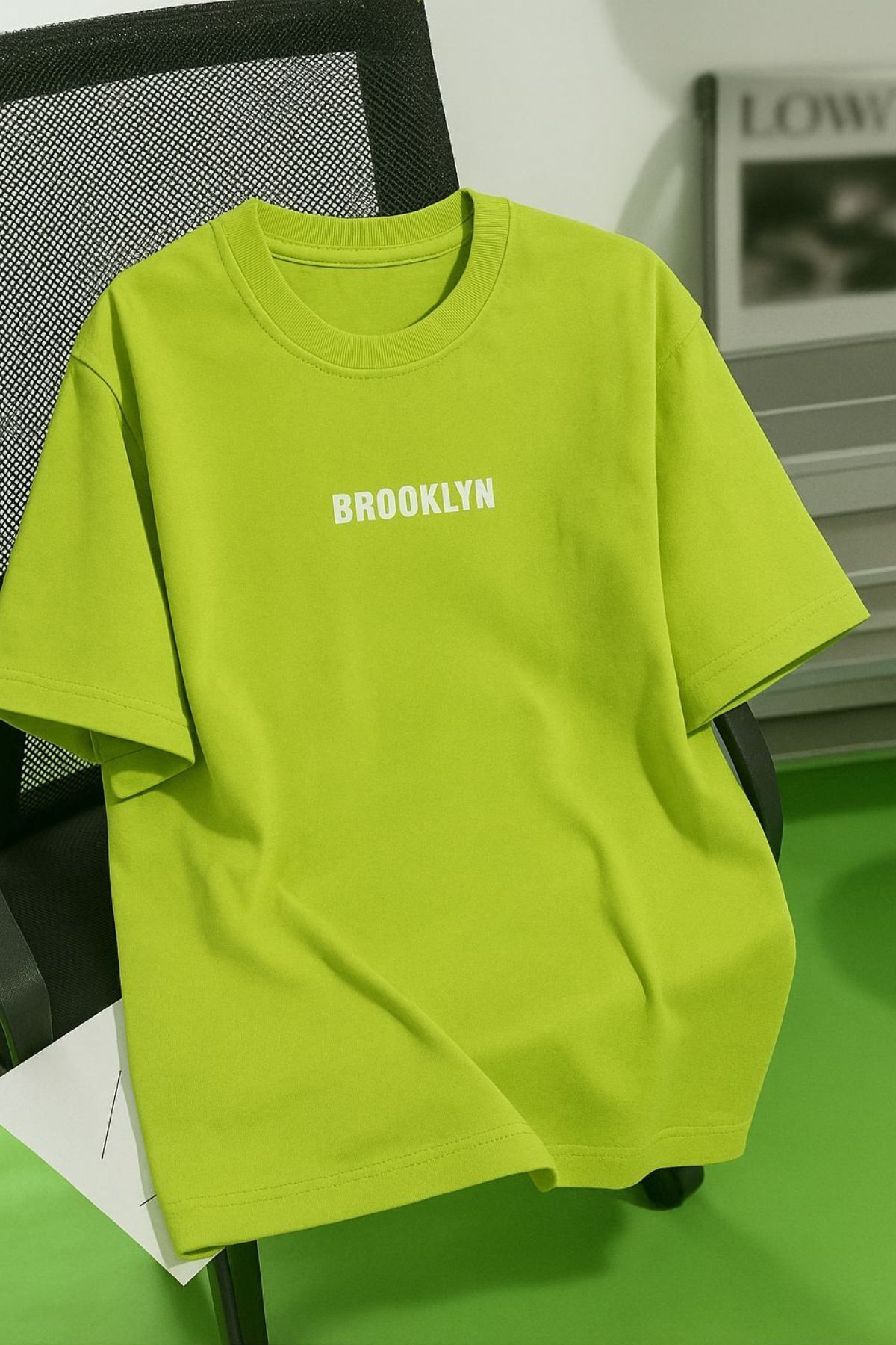 Trendseninle Unisex Erkek/Kadın Lime BROOKLYN Renkli Özel Baskı Oversize Pamuklu Bisiklet Yaka T-Shirt Tişört