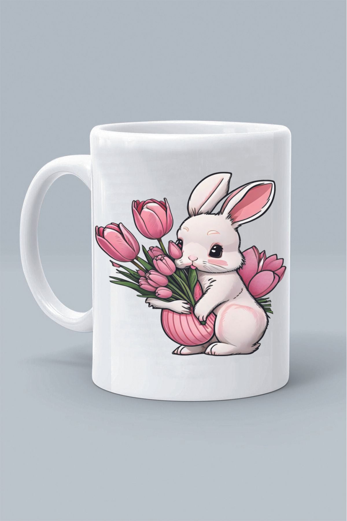 Olympus plus PINK RABBIT SVİMLİ PEMBE TAVŞAN TASARIM BASKILI BEYAZ KLASİK KUPA BARDAK