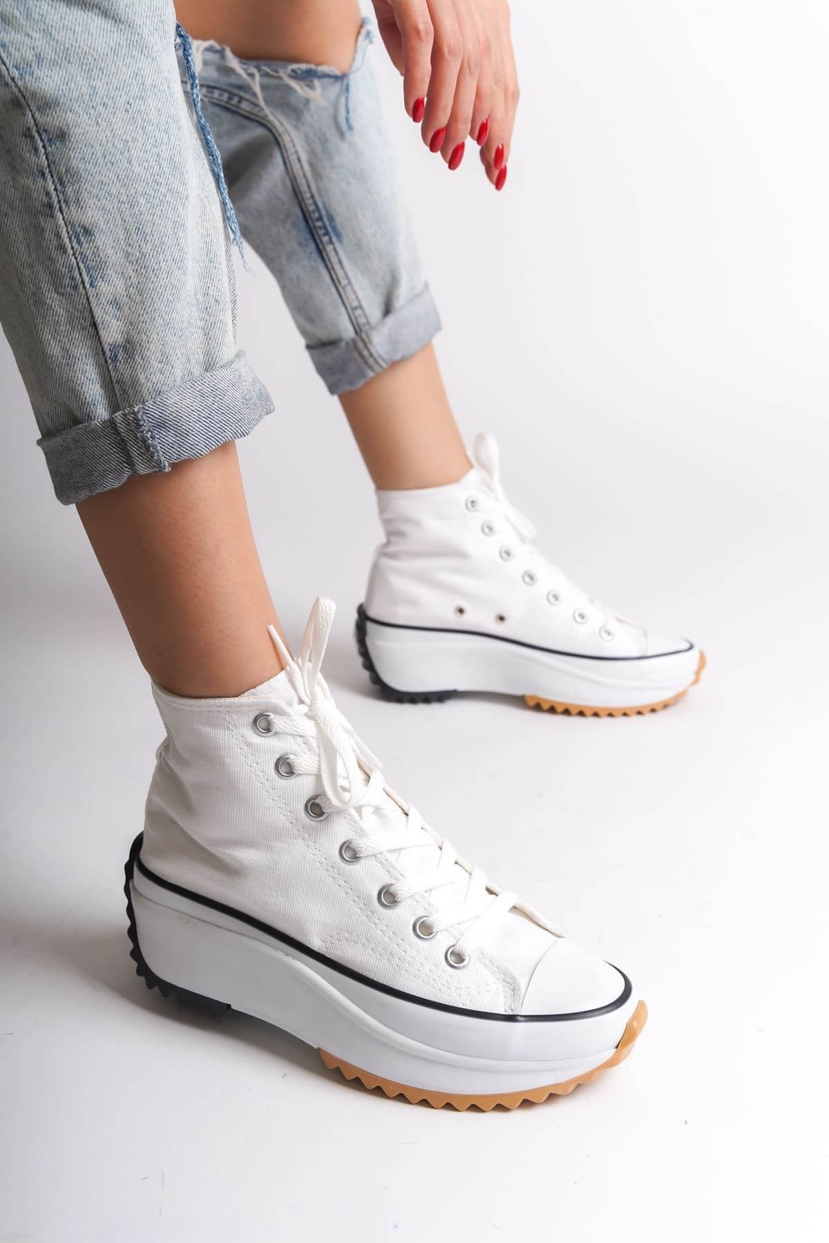 Joy Ayakkabı ROMA Bağcıklı Ortopedik Taban Kadın Sneaker Spor Ayakkabı BT - Beyaz