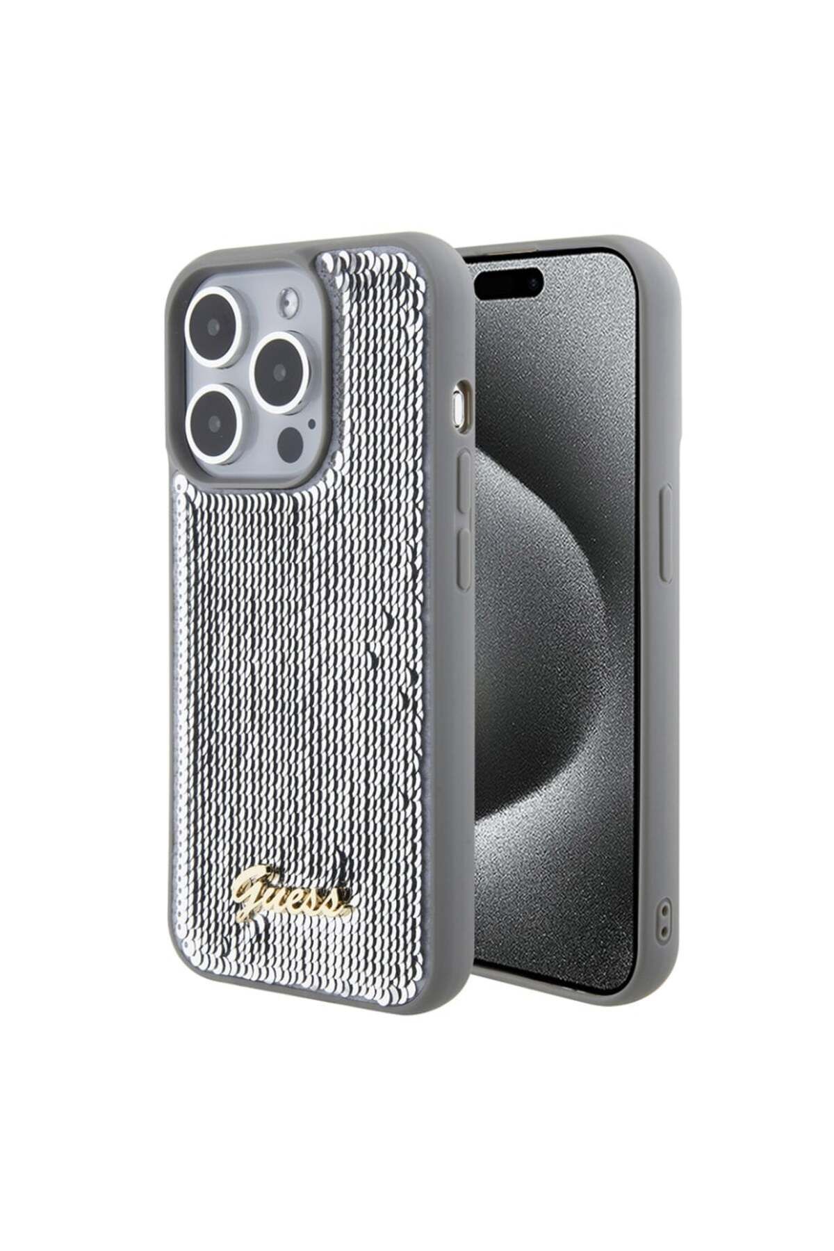 Guess-IPhone 15 Pro Max Case, Sequin Script Metal, Guess - Silver 1