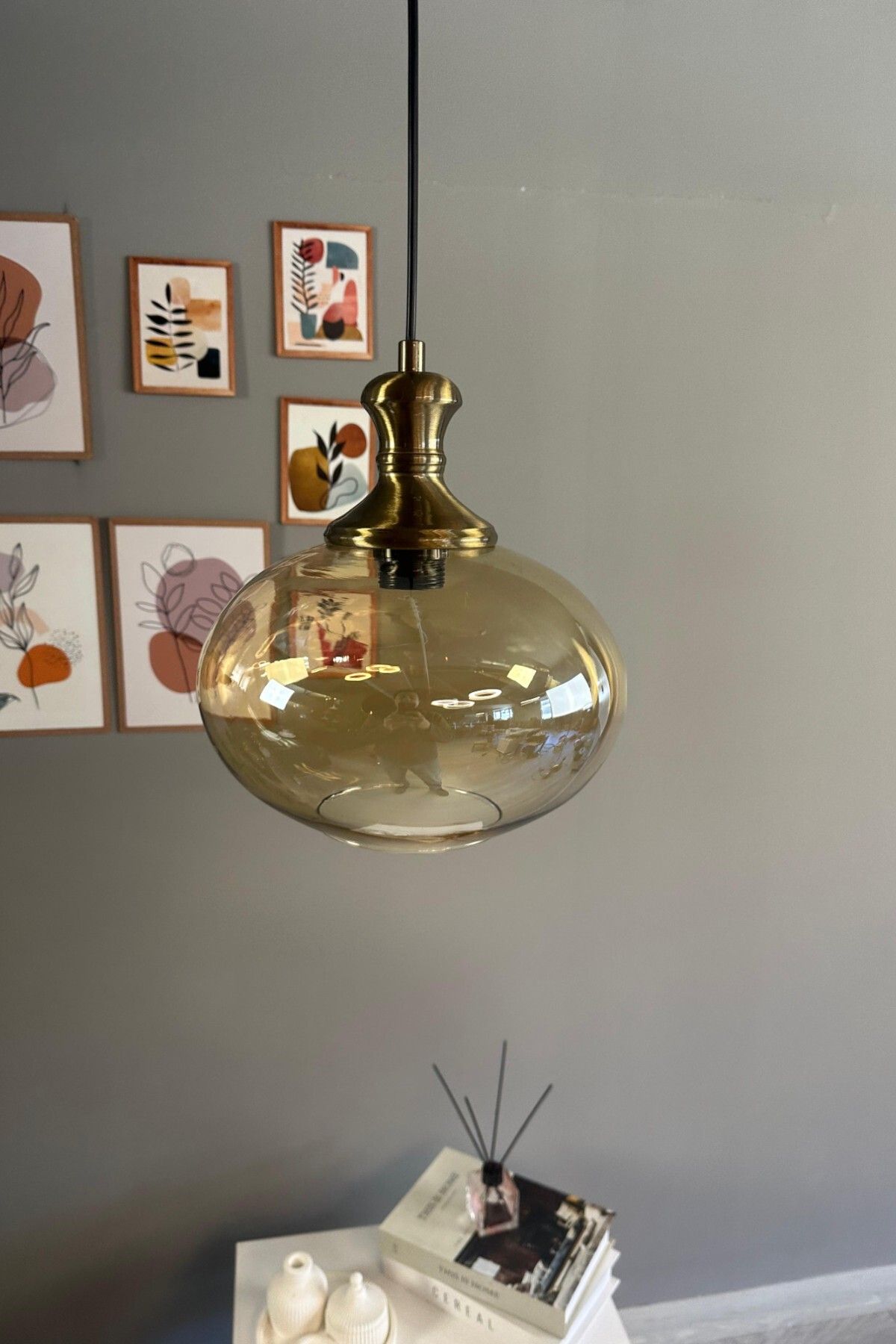 Bamyum Solvia Cam Bal Rengi Tekli Avize Eskitme Tokmak Başlık Retro Sarkıt Lamba Salon Aydınlatma