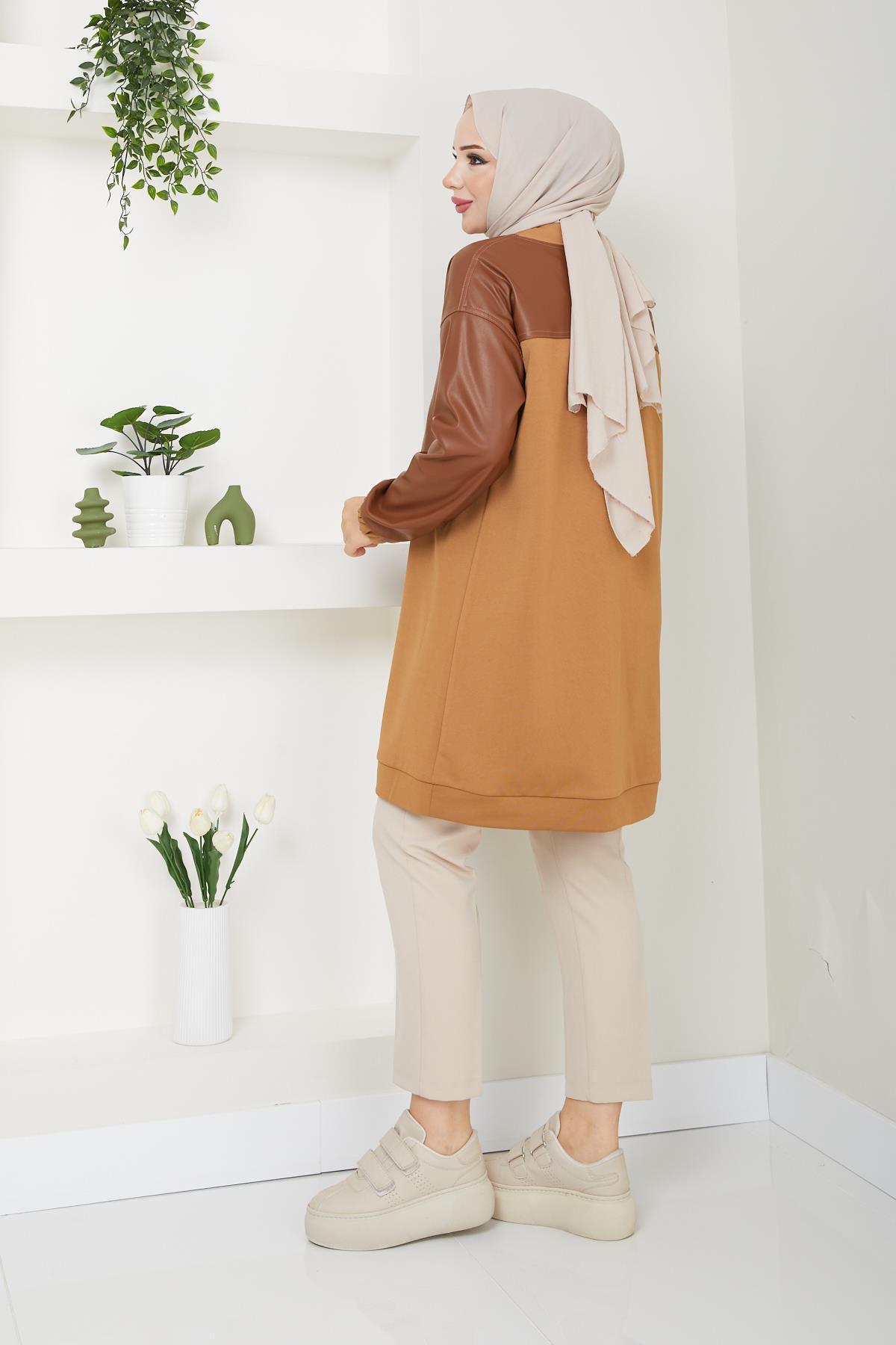 Doque-Hijab Seasonal Leather Combination Women's Tunic - 61023 4