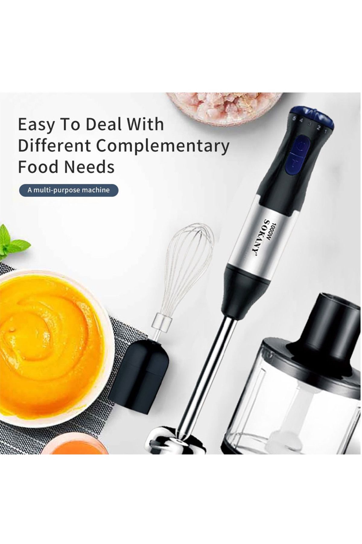 SOKANY-Hand Blender with Two Speed Adjustable 1000W 4-in-1 Stainless Steel with Whisk, 700ml Mixing Beaker 3