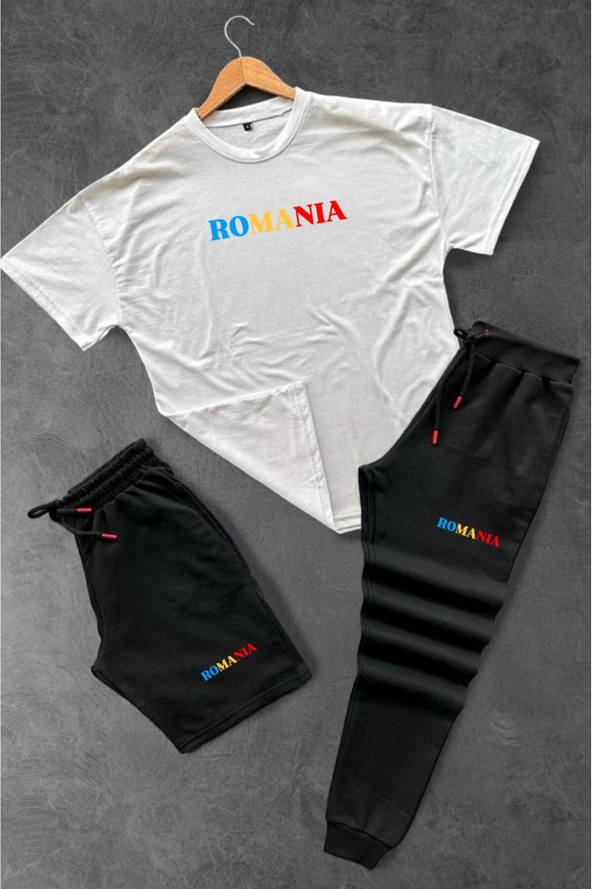 woonkey UNISEX OVERSİZE ROMANIA BASKILI BİSİKLET YAKA PENYE TİŞÖRT ŞORT EŞOFMAN 3'LÜ SET