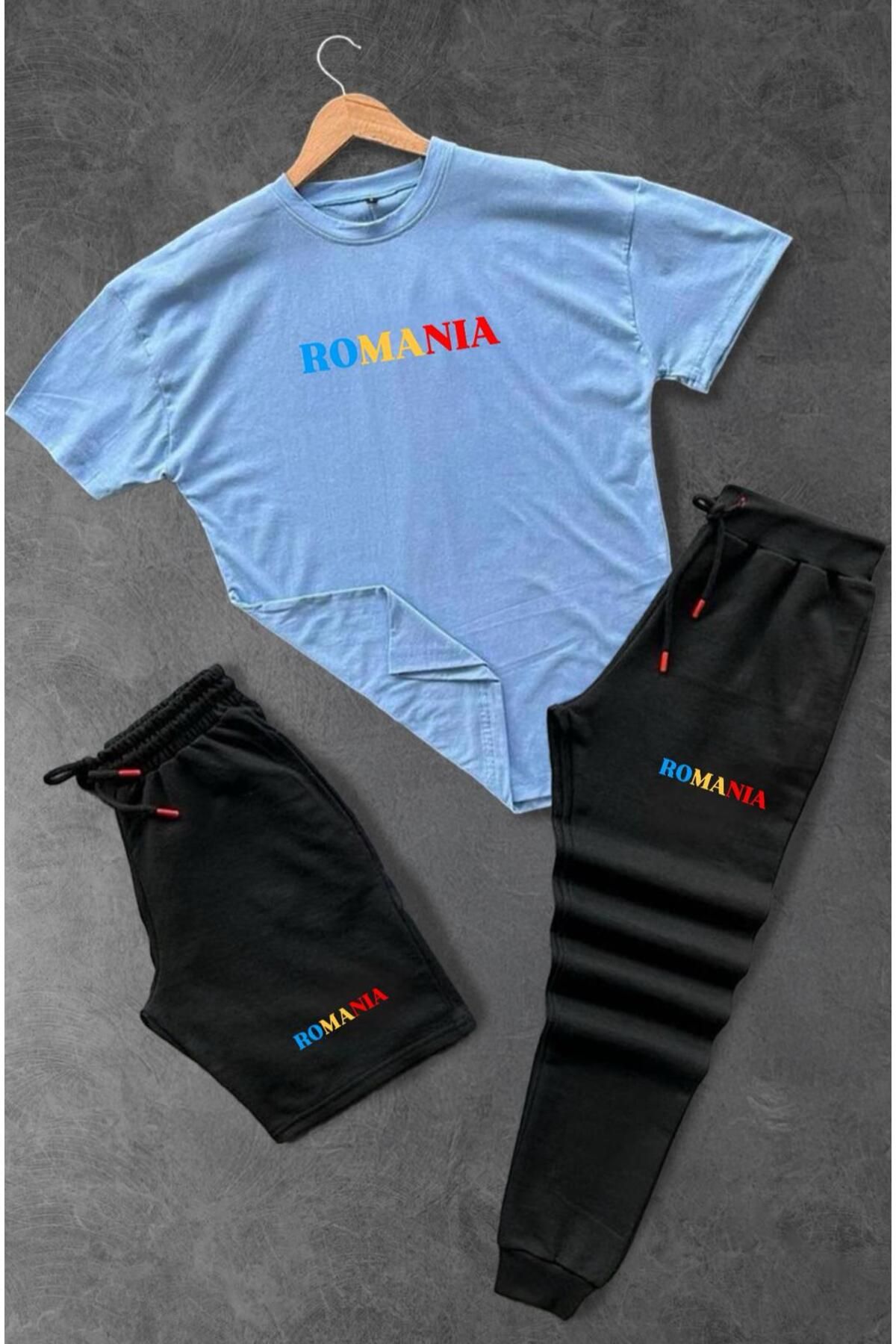 woonkey UNISEX OVERSİZE ROMANIA BASKILI BİSİKLET YAKA PENYE TİŞÖRT ŞORT EŞOFMAN 3'LÜ SET