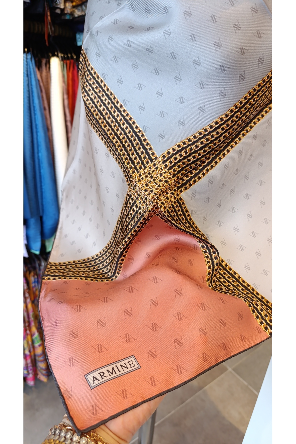 Armine-Armine Twill Silk Scarf with Chain 3