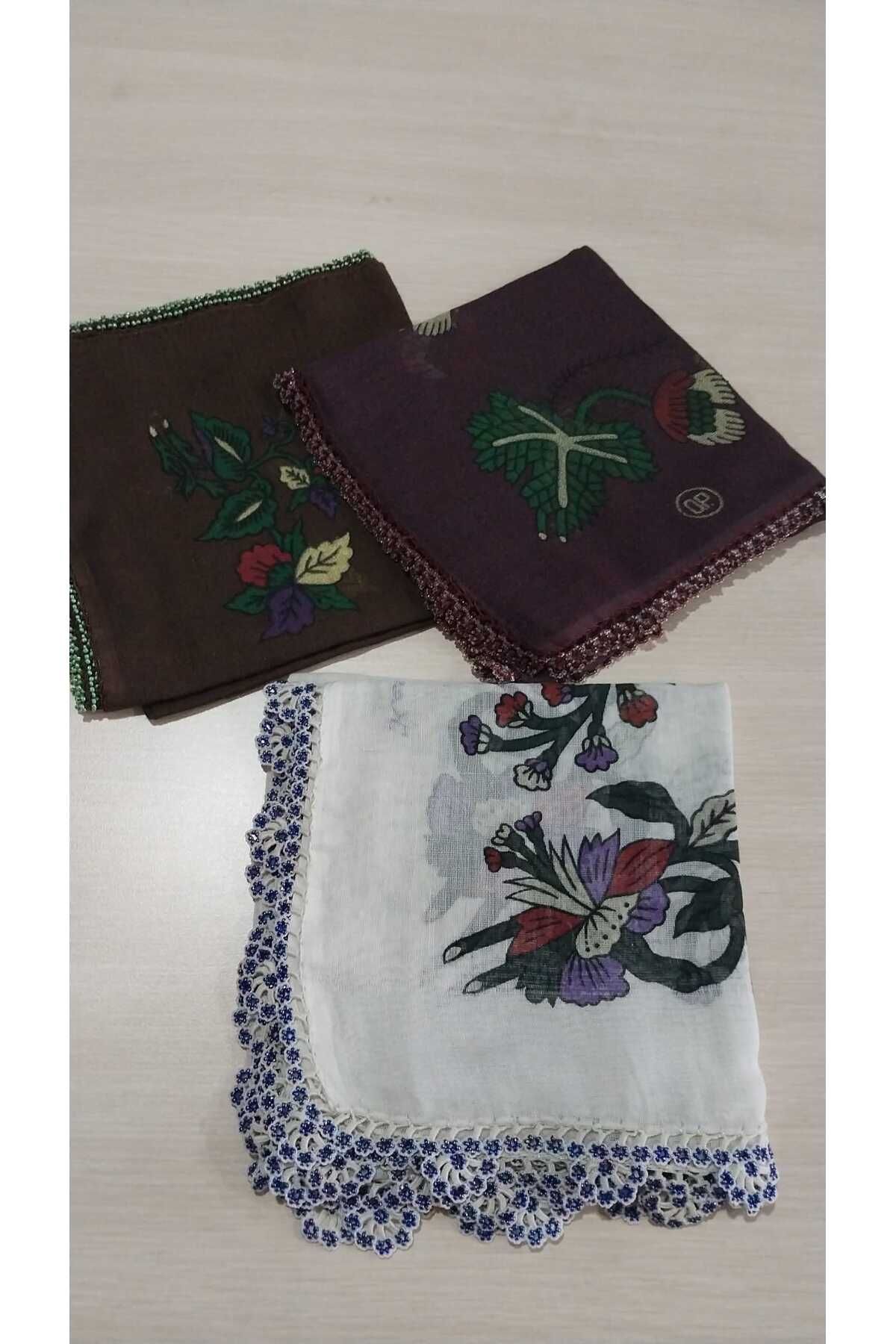 Papatyam El işi 3 Adet Boncuk Oyalı Yazma/3,5 Kenar Oyalı Boncuk İşi/Vintage/Çeyizlik Yemeni/80x80/Pamuklu