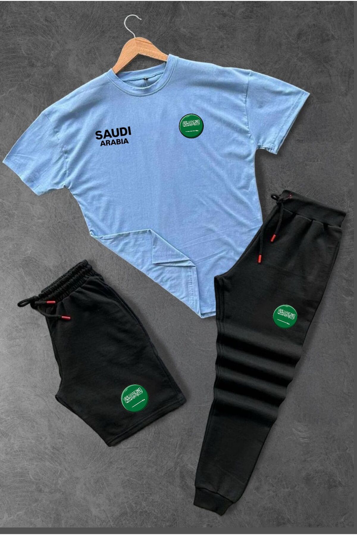 woonkey UNISEX OVERSİZE SAUDI ARABIA BASKILI BİSİKLET YAKA PENYE TİŞÖRT ŞORT EŞOFMAN 3'LÜ SET
