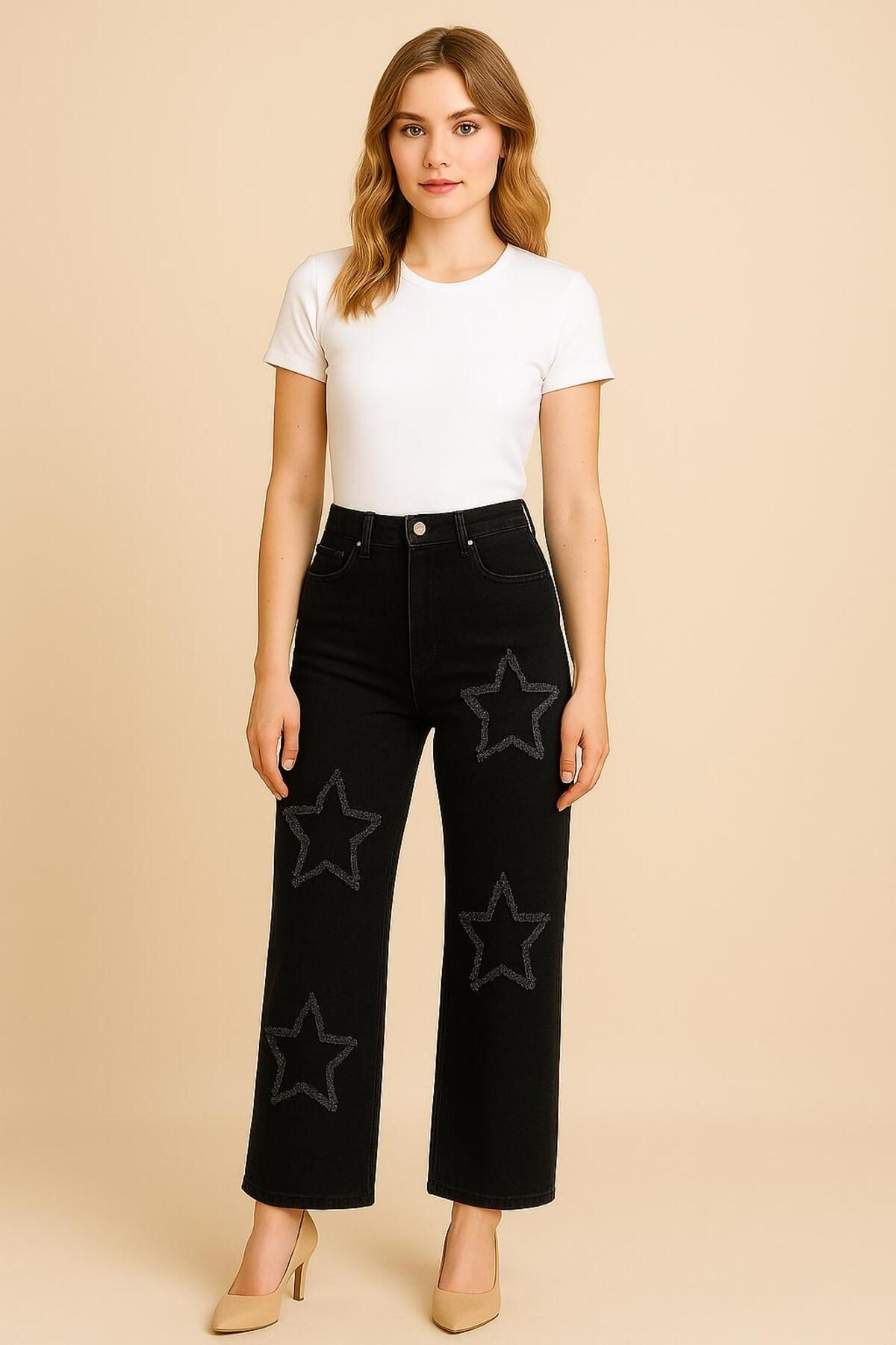 ELONİ KADIN JEANS YILDIZ DESENLİ KOT PANTOLON