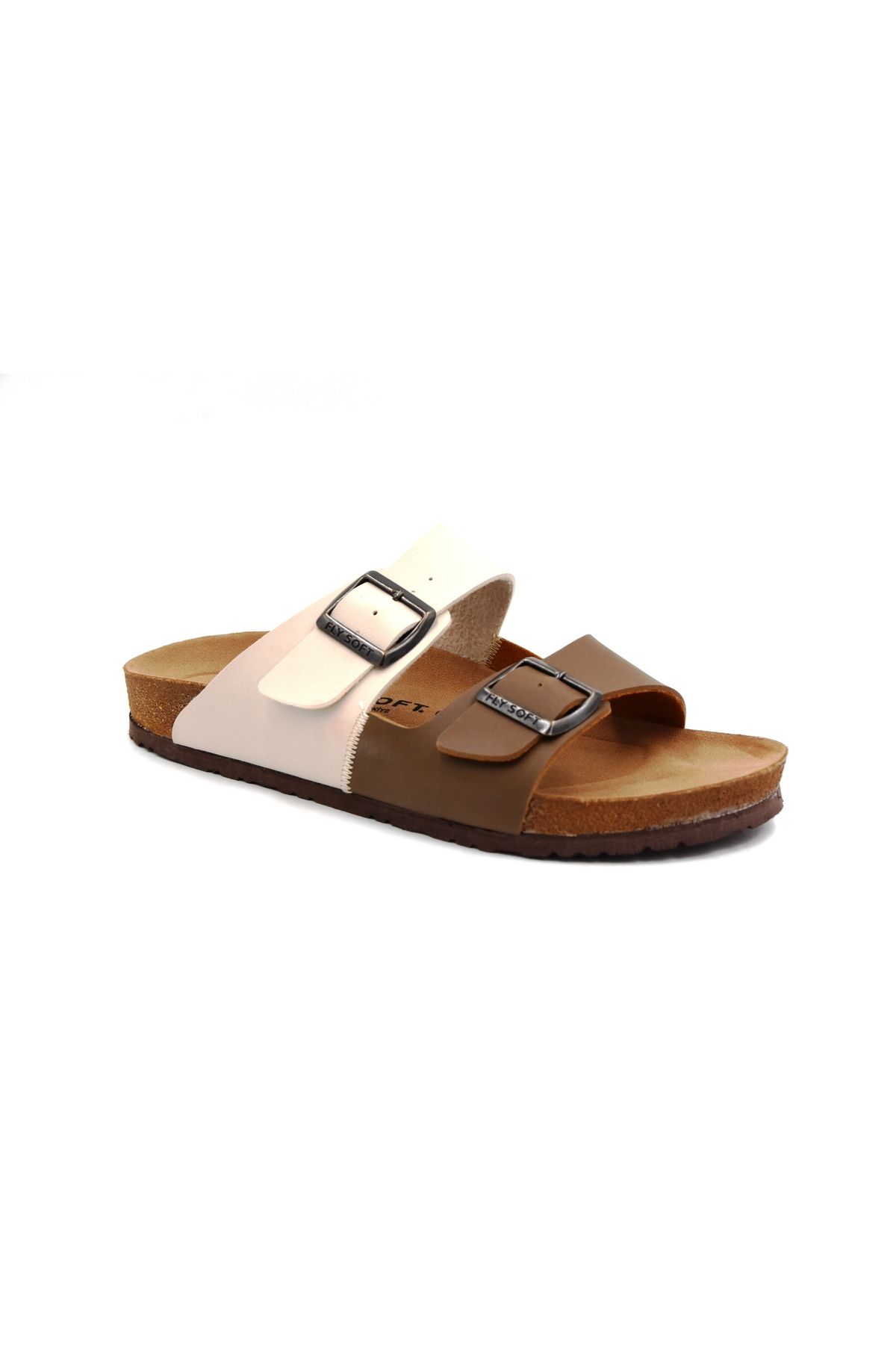 FLY SOFT S903 Poli Hafif Taban Çift Toka Erkek Terlik Bej Kahve