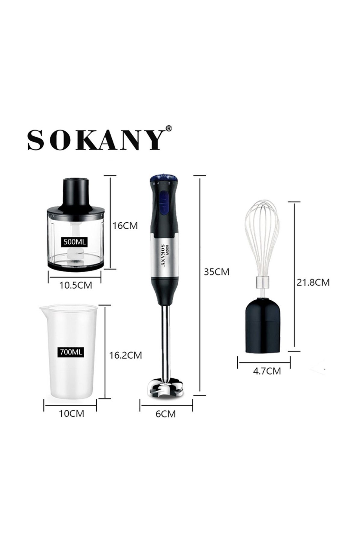 SOKANY-Hand Blender with Two Speed Adjustable 1000W 4-in-1 Stainless Steel with Whisk, 700ml Mixing Beaker 7